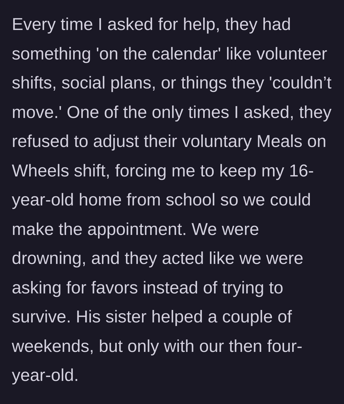 Story part 2 - The mother describes how her in-laws repeatedly chose volunteer shifts and social plans over helping, forcing her teenager to skip school to assist.