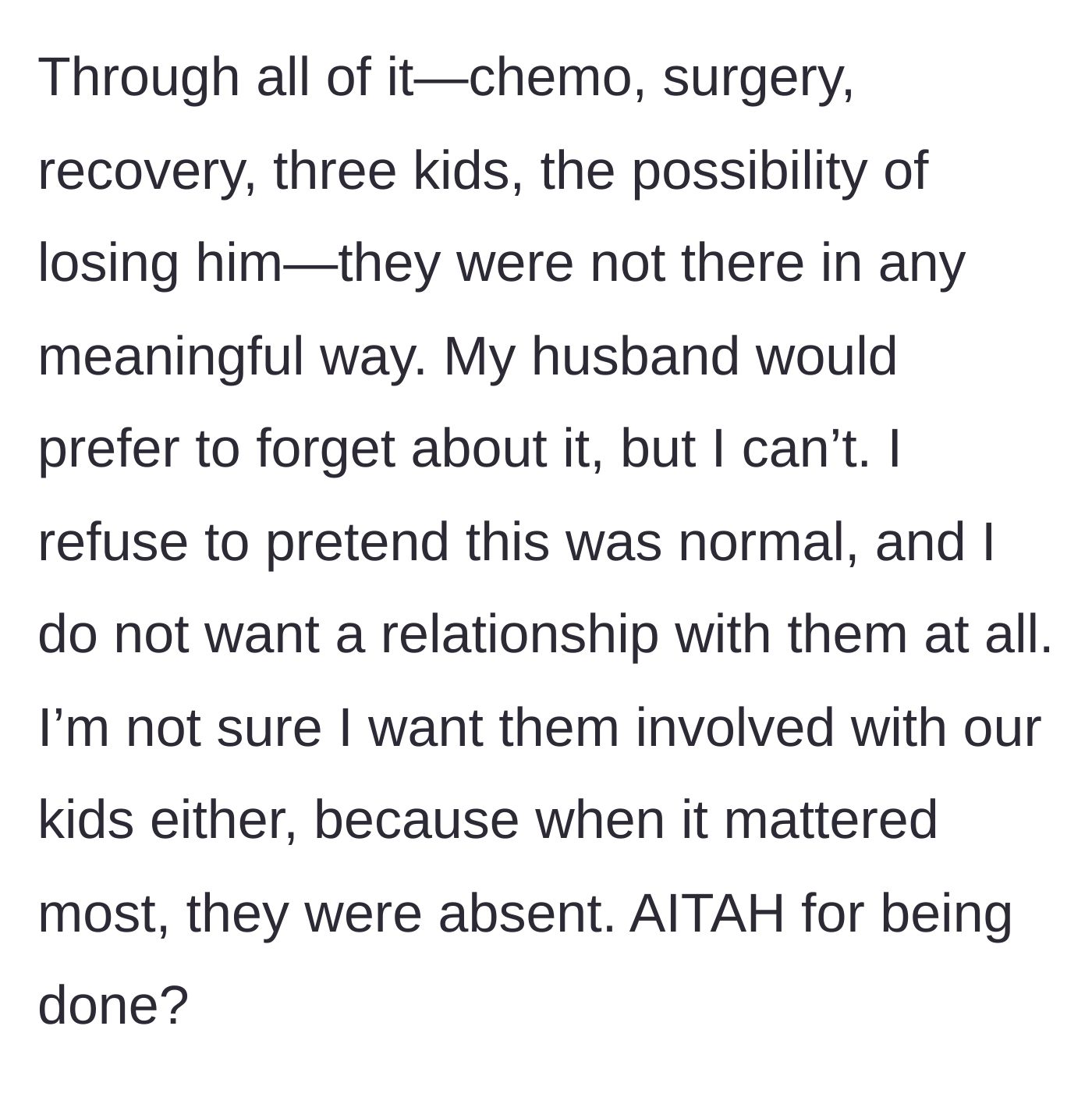 Story part 5 - The wife declares she is completely done with her in-laws and questions keeping them away from her children, while her husband prefers to avoid the conflict.