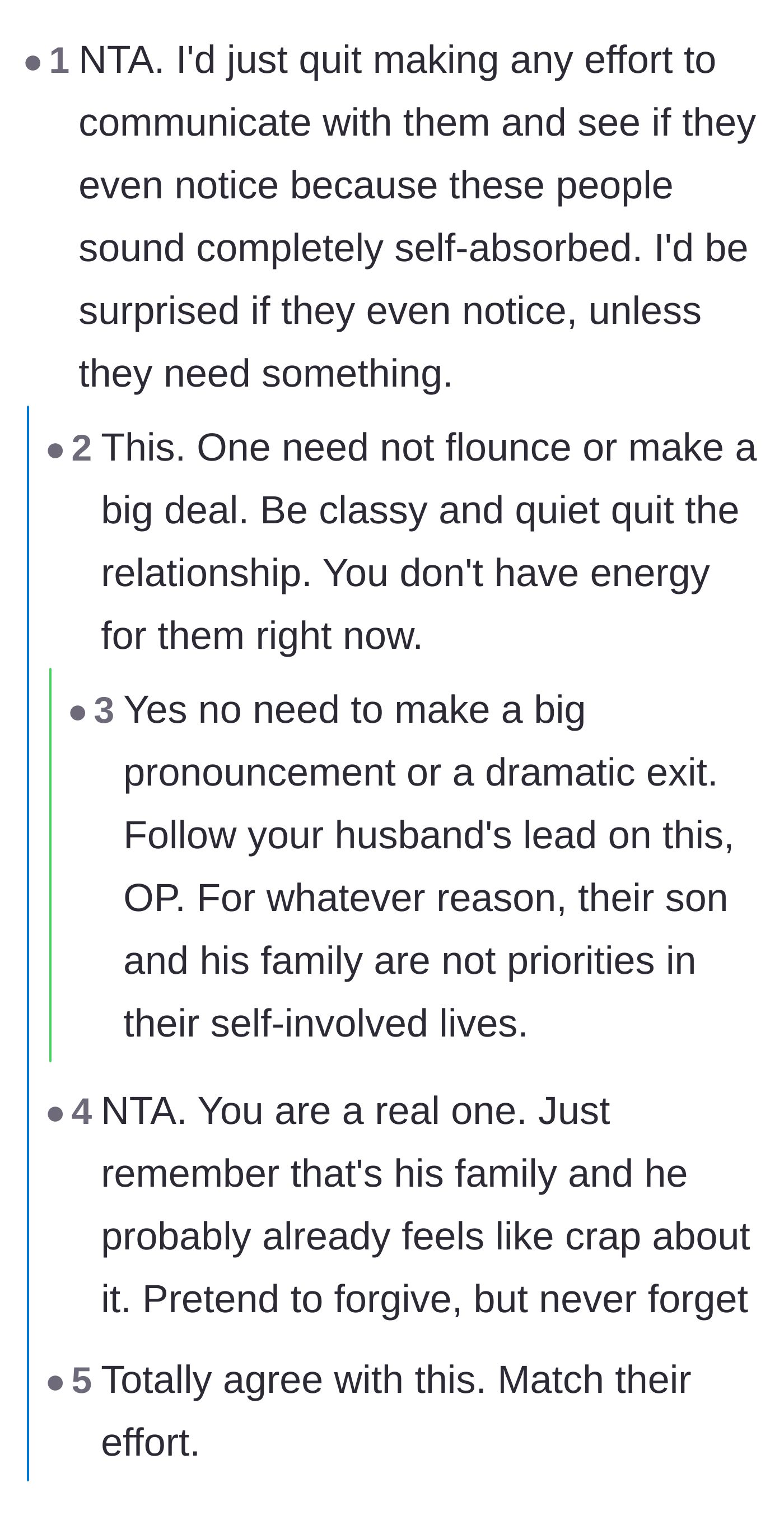 Comment thread 1 - Advice on quietly stepping back from the in-laws without making a dramatic exit to preserve energy.