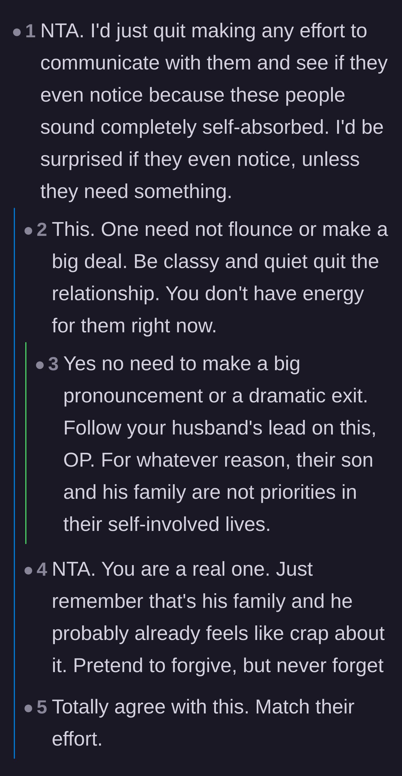 Comment thread 1 - Advice on quietly stepping back from the in-laws without making a dramatic exit to preserve energy.