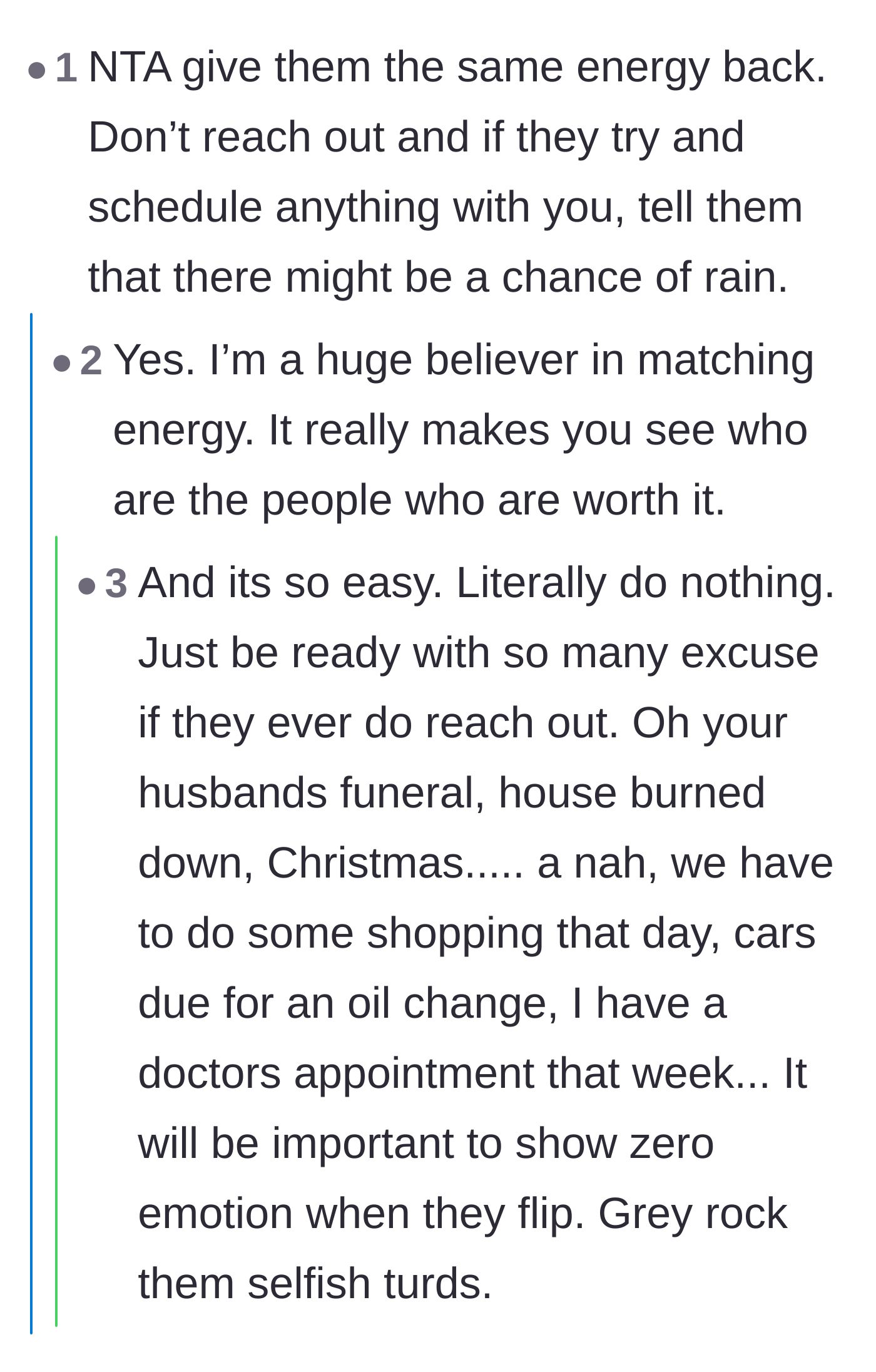 Comment thread 2 - Suggestions to match the in-laws' lack of effort and use their own flimsy excuses against them.