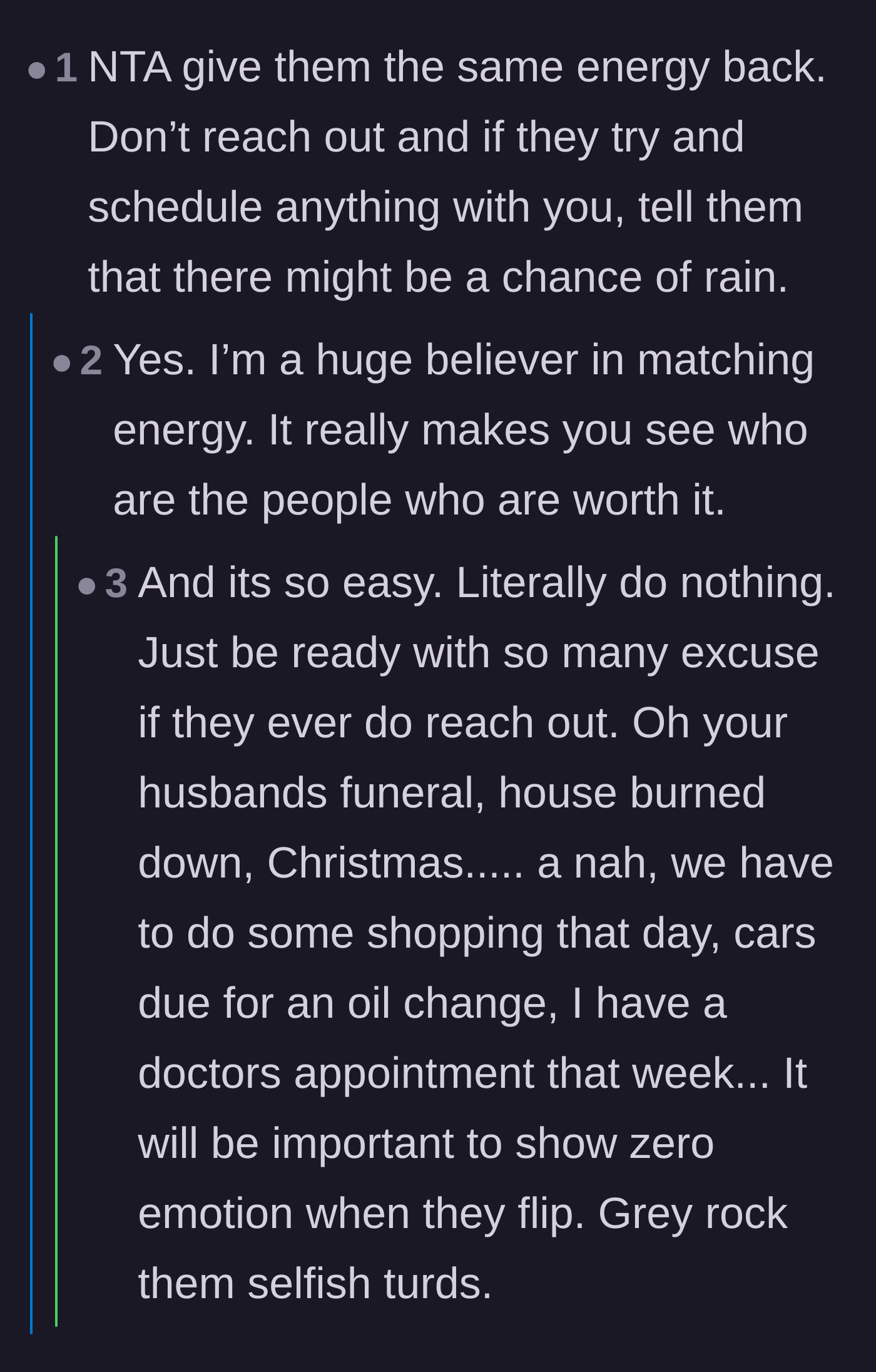 Comment thread 2 - Suggestions to match the in-laws' lack of effort and use their own flimsy excuses against them.