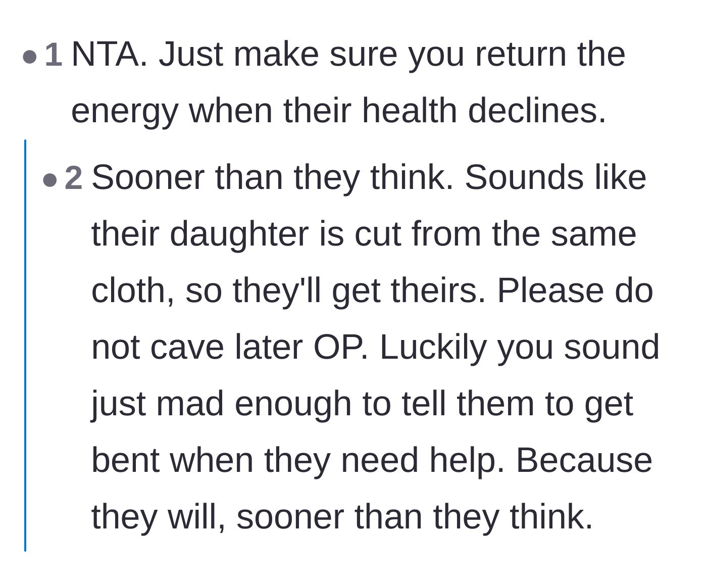 Comment thread 3 - Predictions about the in-laws eventually needing care and facing the consequences of their absence.