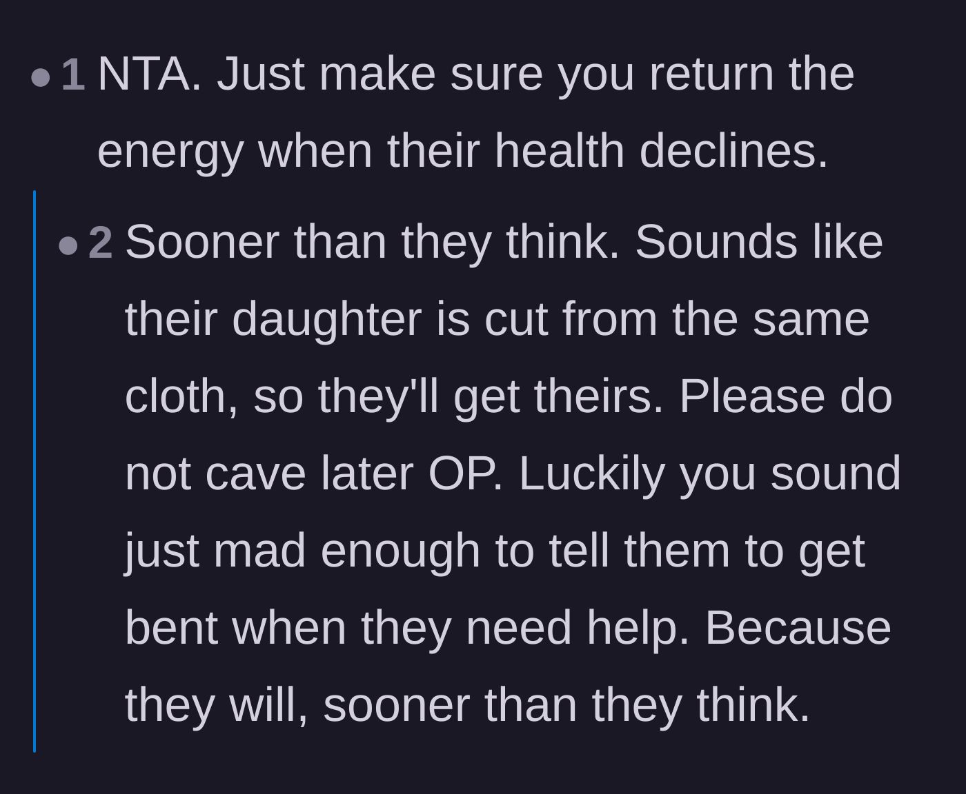 Comment thread 3 - Predictions about the in-laws eventually needing care and facing the consequences of their absence.