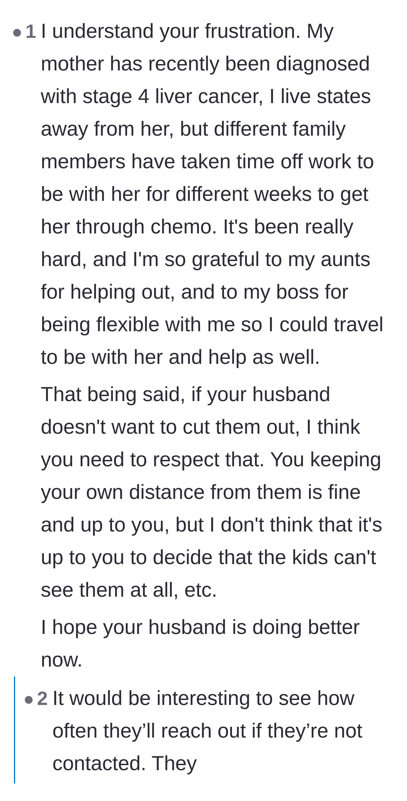 Comment thread 6 - A commenter sharing their own family's cancer journey while gently advising the wife to respect her husband's boundaries.