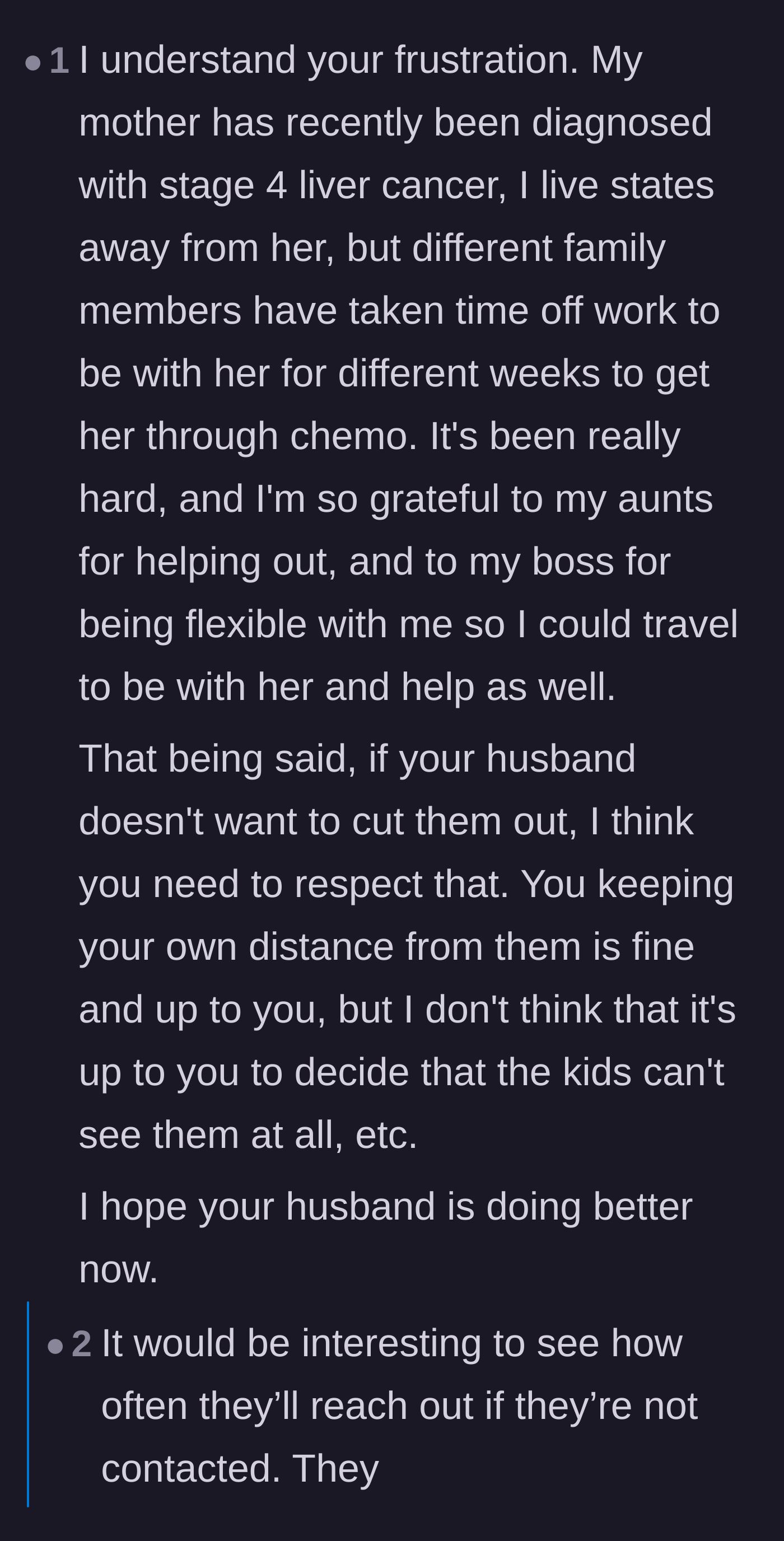 Comment thread 6 - A commenter sharing their own family's cancer journey while gently advising the wife to respect her husband's boundaries.