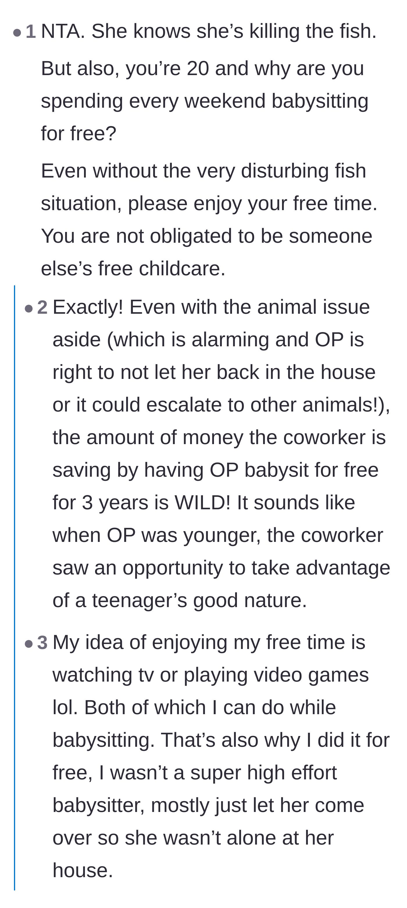 Comment thread 1 - Commenters discussing how the 31-year-old coworker took advantage of the young babysitter's free labor for three years.