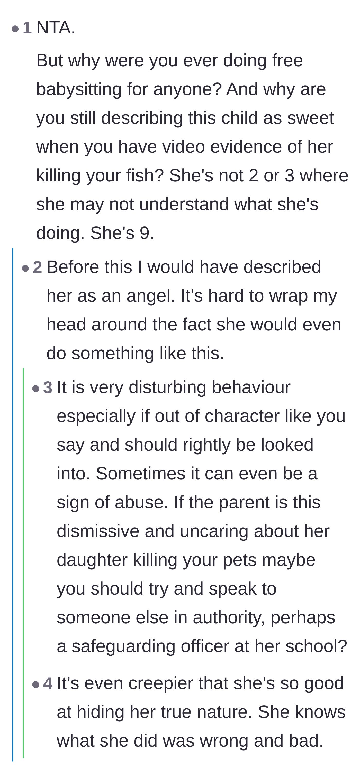 Comment thread 4 - Comment thread questioning why the babysitter still views the nine-year-old as sweet after witnessing the video footage.