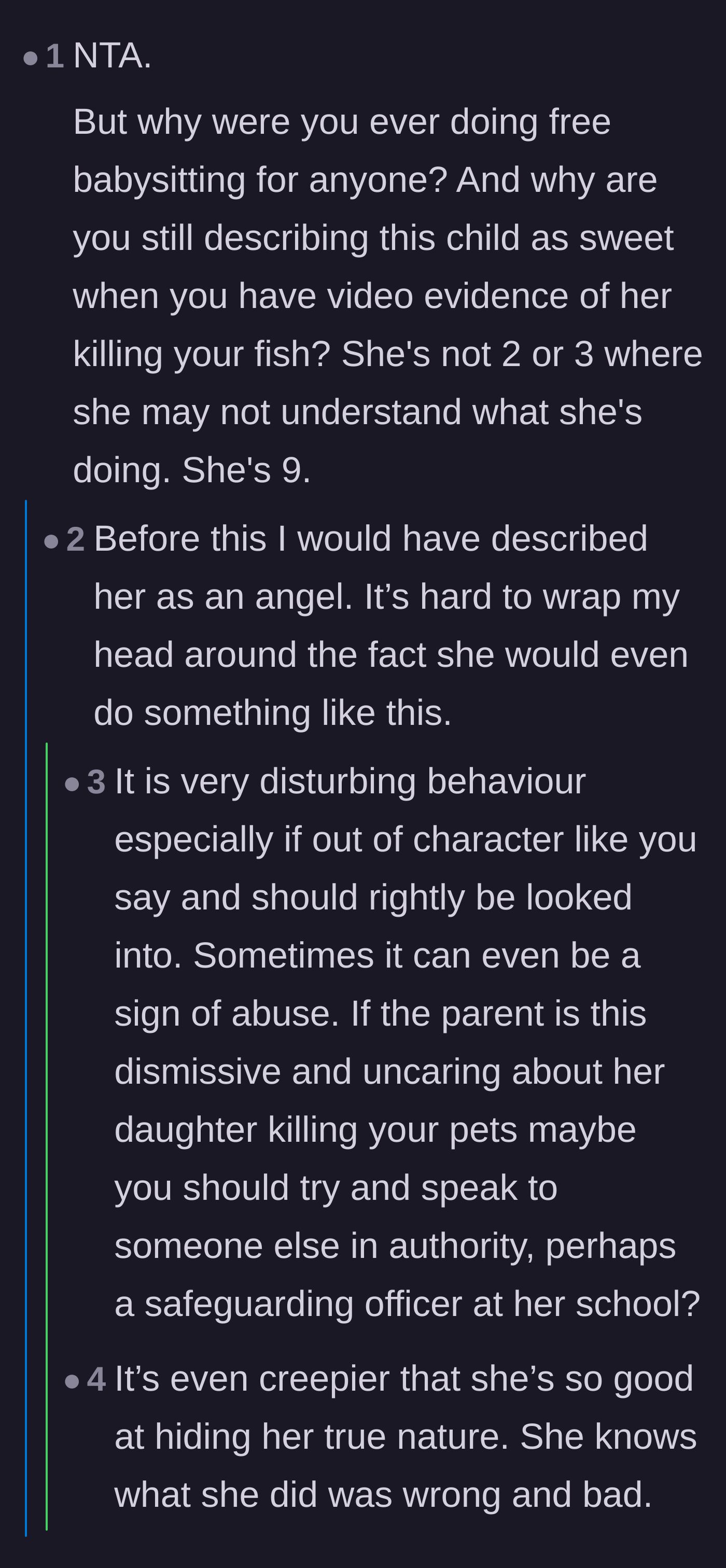 Comment thread 4 - Comment thread questioning why the babysitter still views the nine-year-old as sweet after witnessing the video footage.