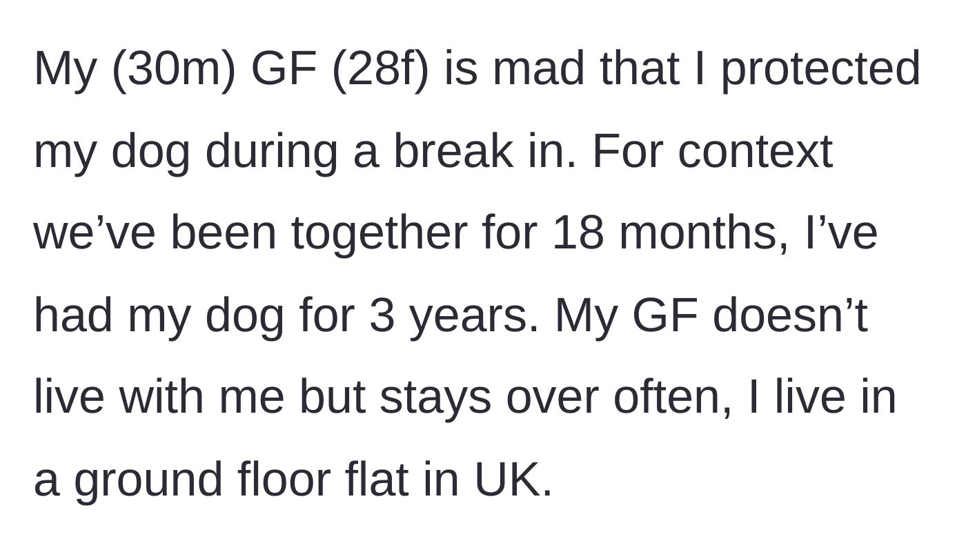 Story part 1 - Introduction to the 30-year-old man, his 28-year-old girlfriend, and his 3-year-old dog living in a UK ground-floor flat.
