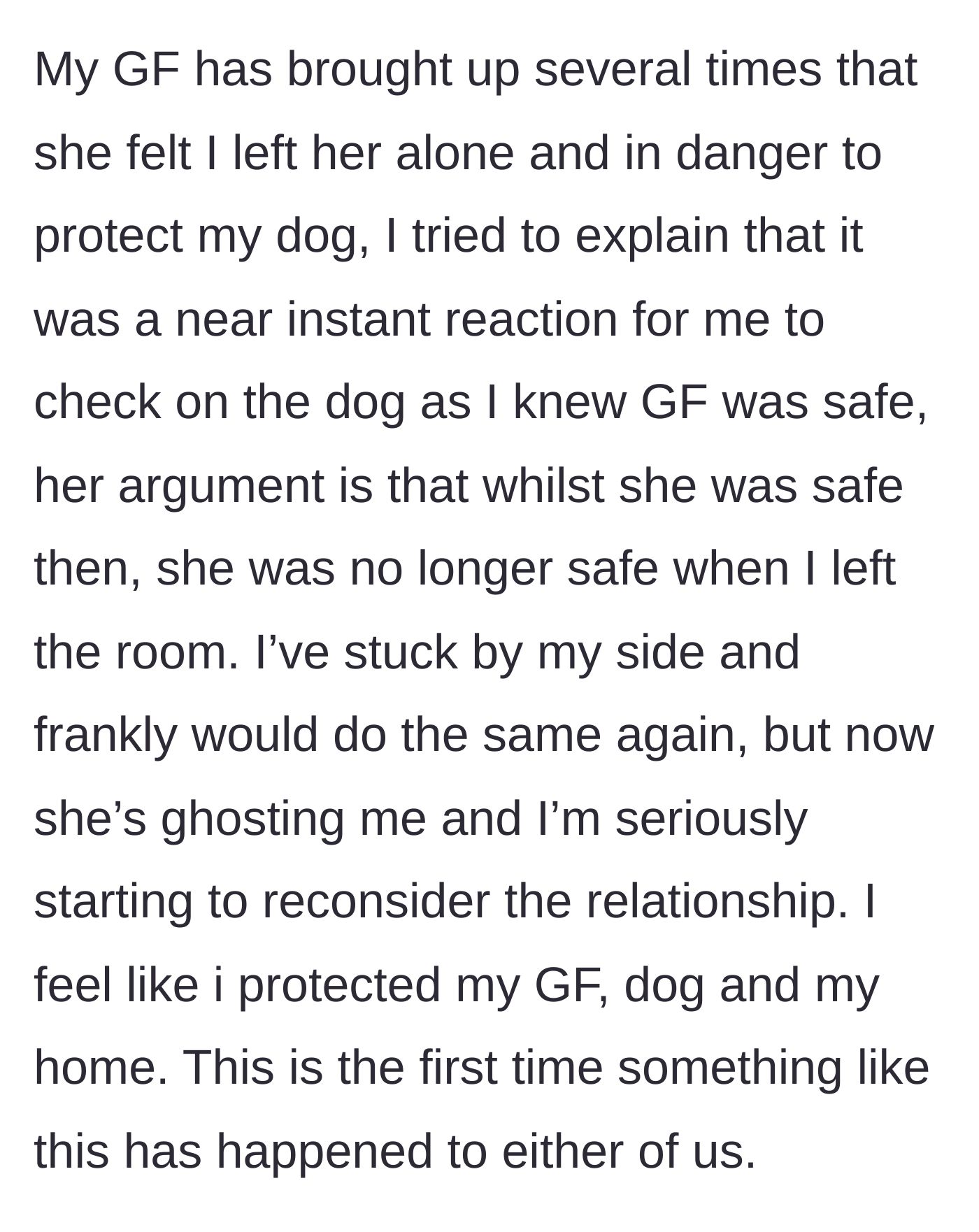 Story part 5 - The girlfriend argues he abandoned her for the dog and begins ghosting him, leading the man to reconsider the relationship entirely.