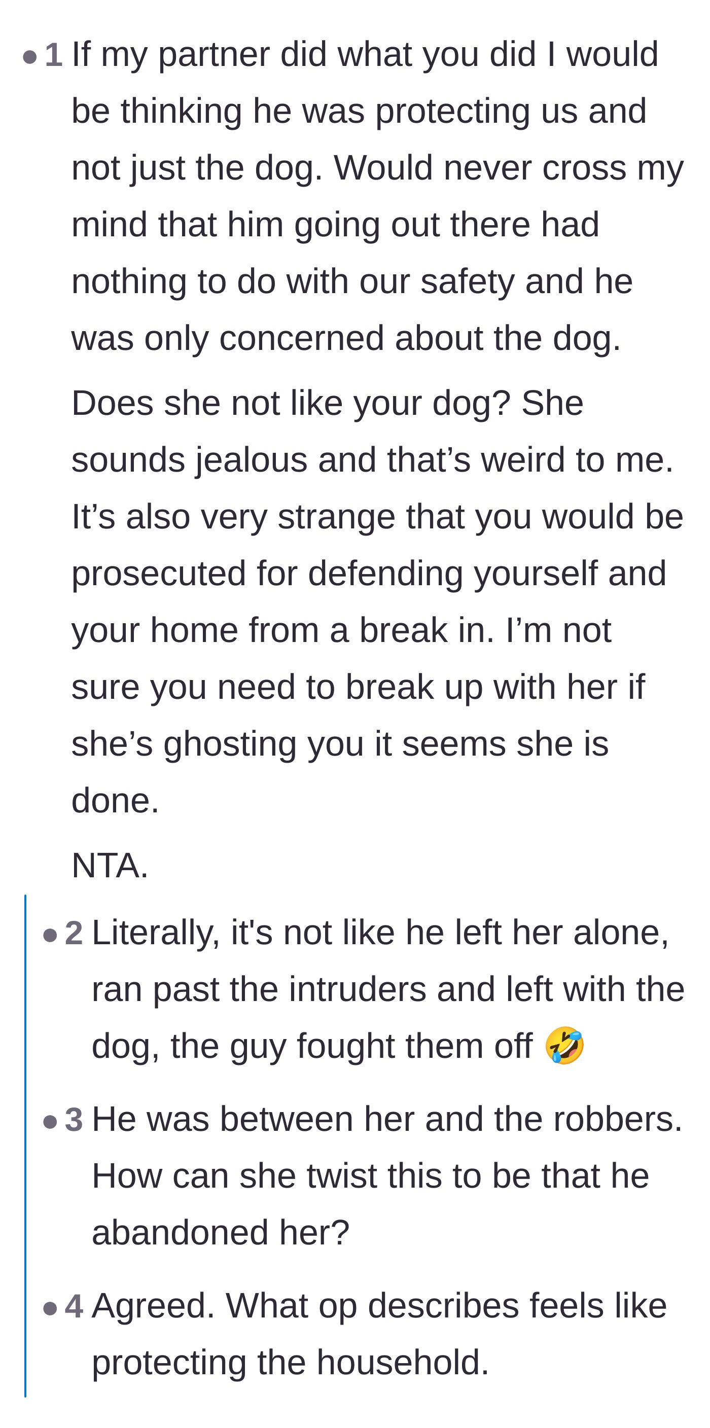 Comment thread 1 - Readers debating whether the girlfriend was jealous of the dog and pointing out that confronting the intruder protected them both.