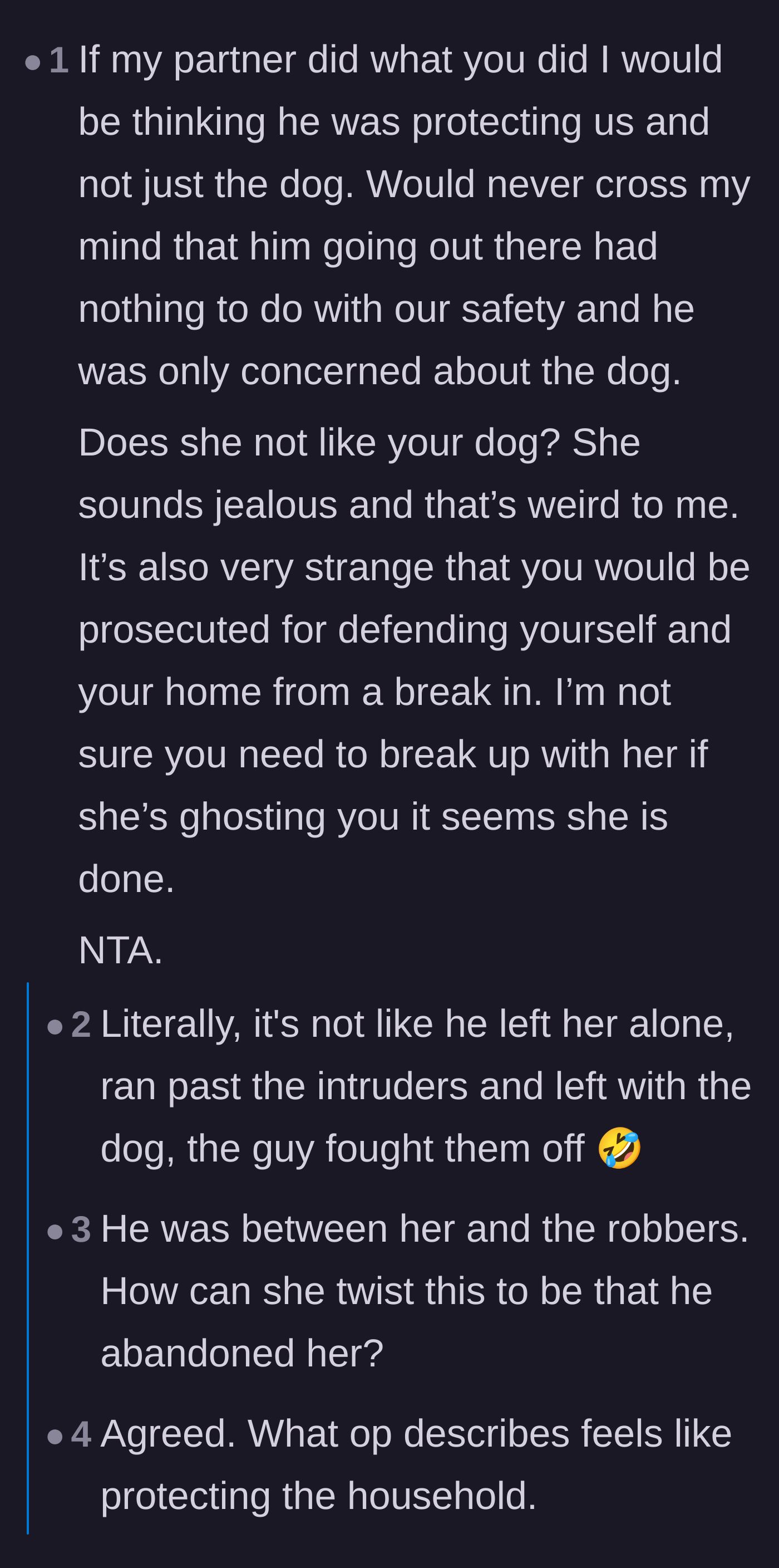 Comment thread 1 - Readers debating whether the girlfriend was jealous of the dog and pointing out that confronting the intruder protected them both.