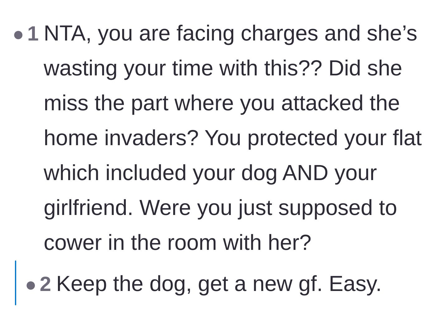 Comment thread 4 - Readers expressing outrage that the girlfriend is causing drama while the boyfriend faces criminal charges for protecting his home.