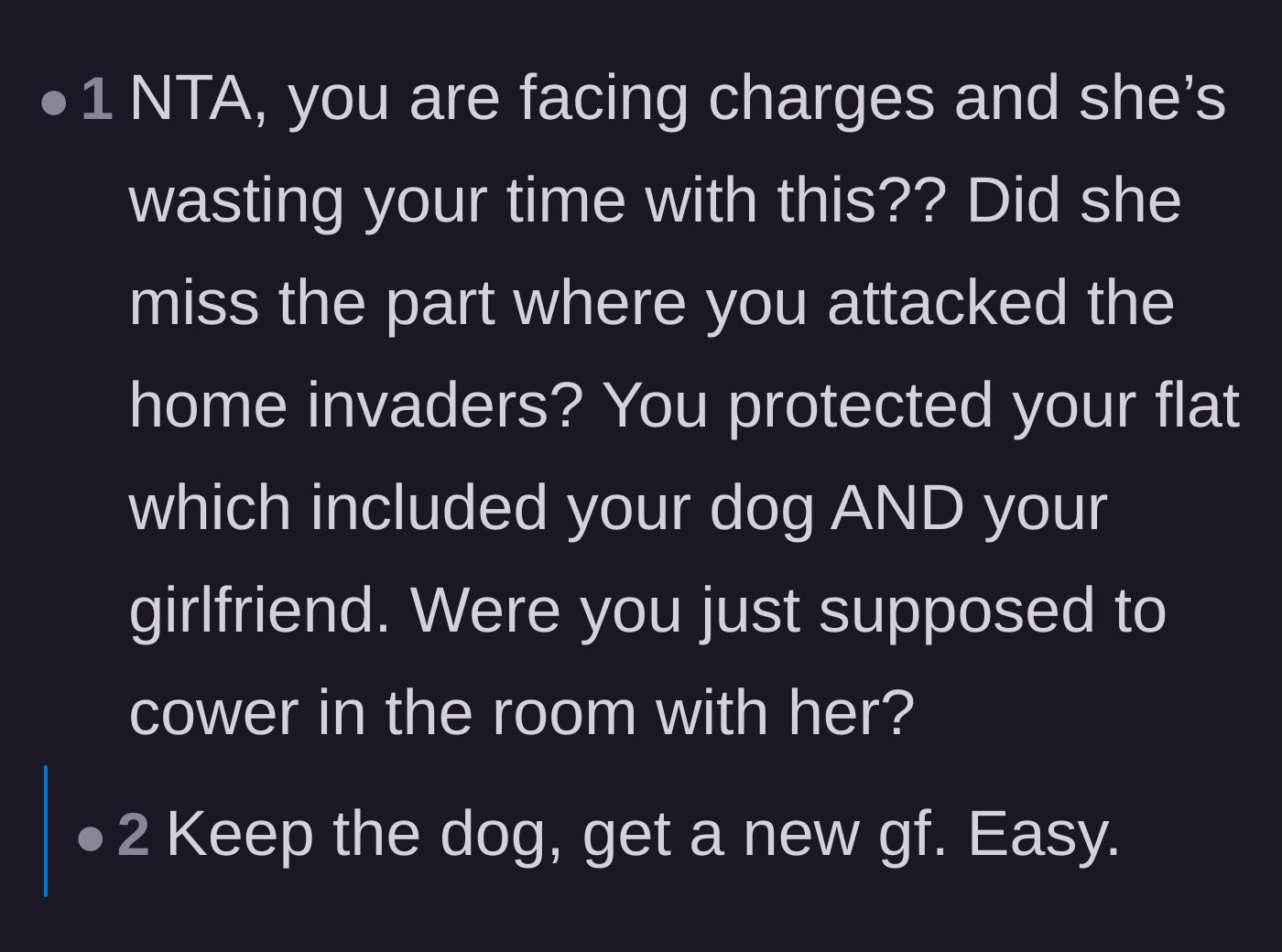 Comment thread 4 - Readers expressing outrage that the girlfriend is causing drama while the boyfriend faces criminal charges for protecting his home.