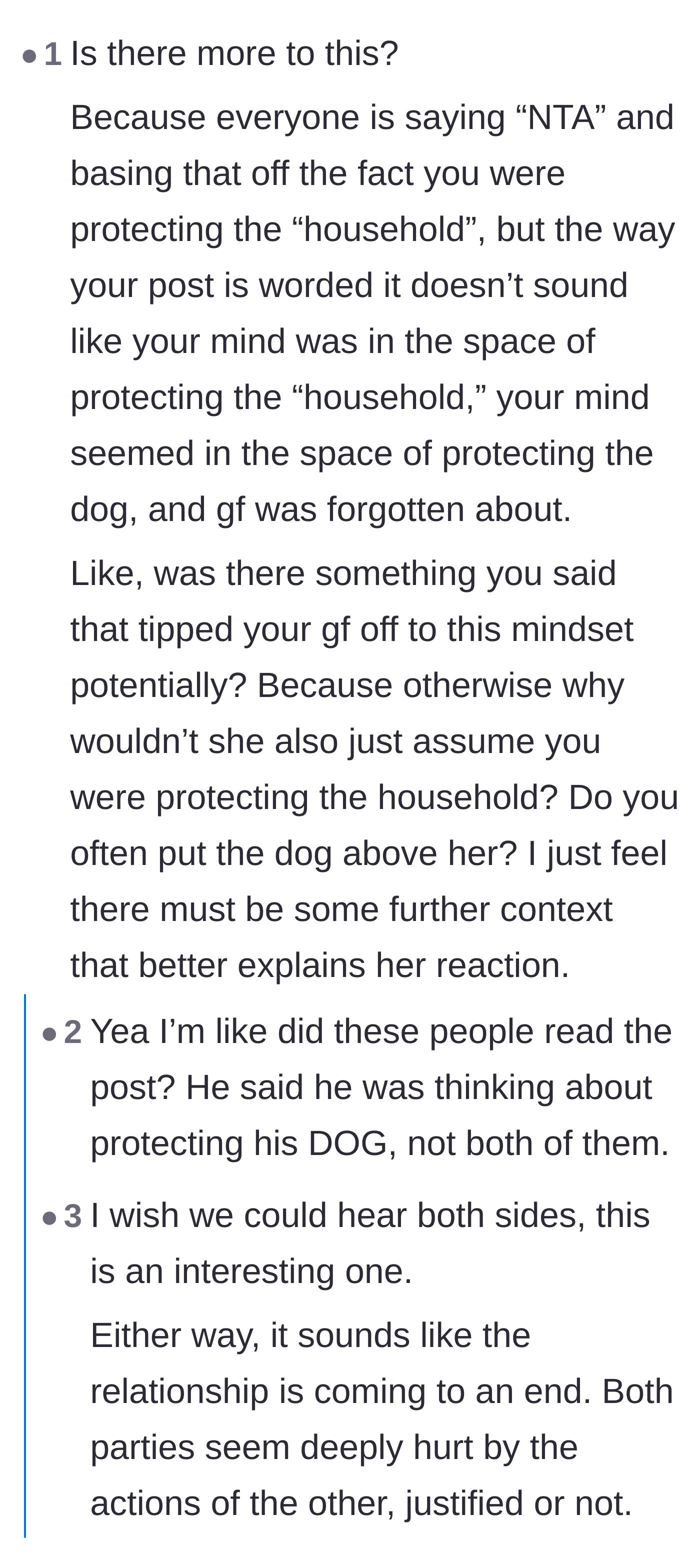 Comment thread 5 - The contrarian view asking for more context and pointing out the author admitted he was only thinking about the dog.