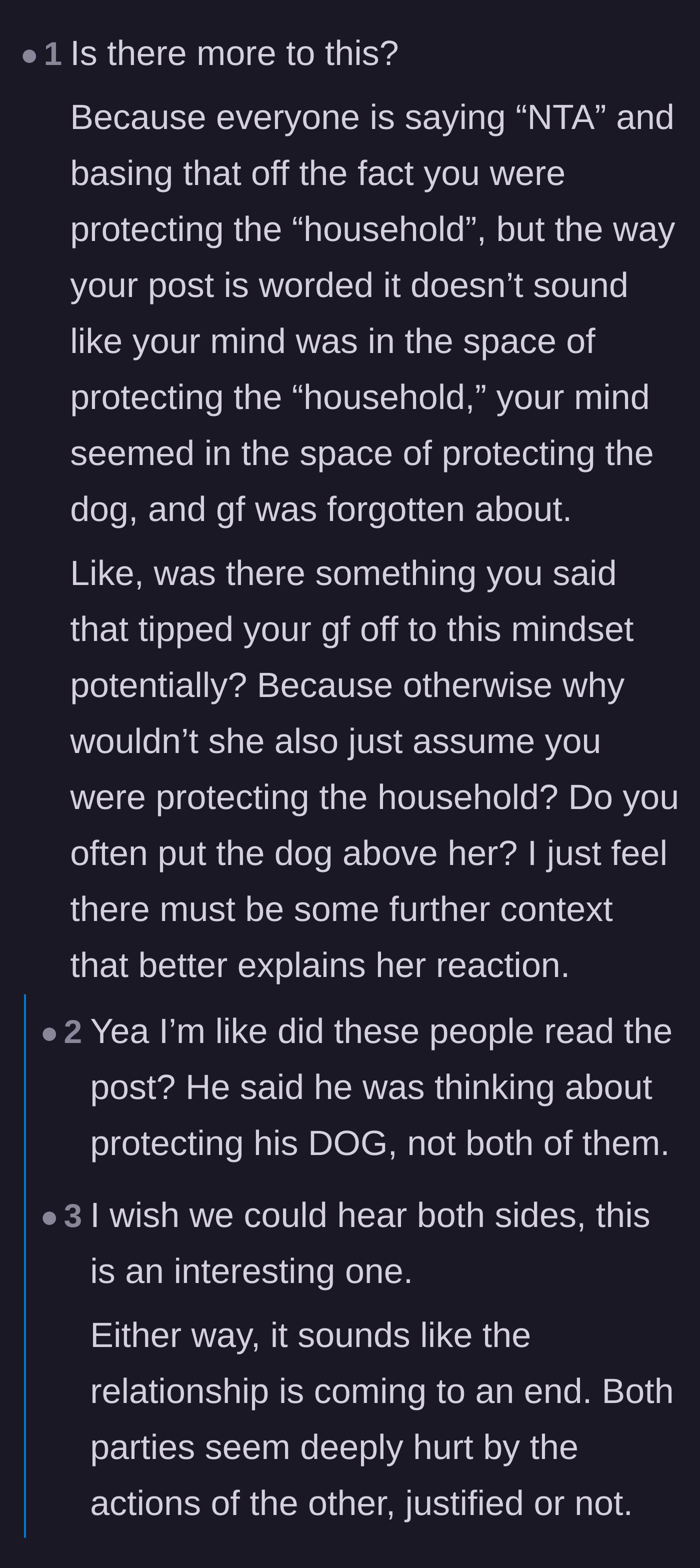 Comment thread 5 - The contrarian view asking for more context and pointing out the author admitted he was only thinking about the dog.