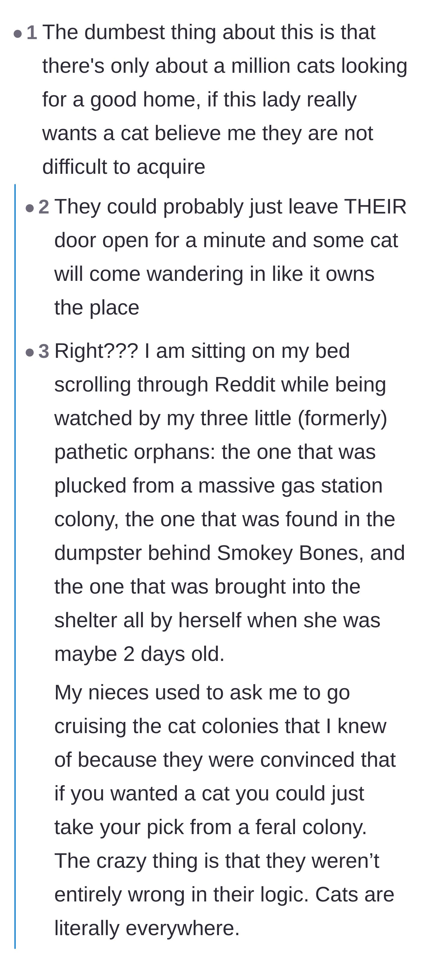 Comment thread 3 - Readers sharing stories about the universal 'Cat Distribution System' and how easy it is to legitimately adopt a stray.