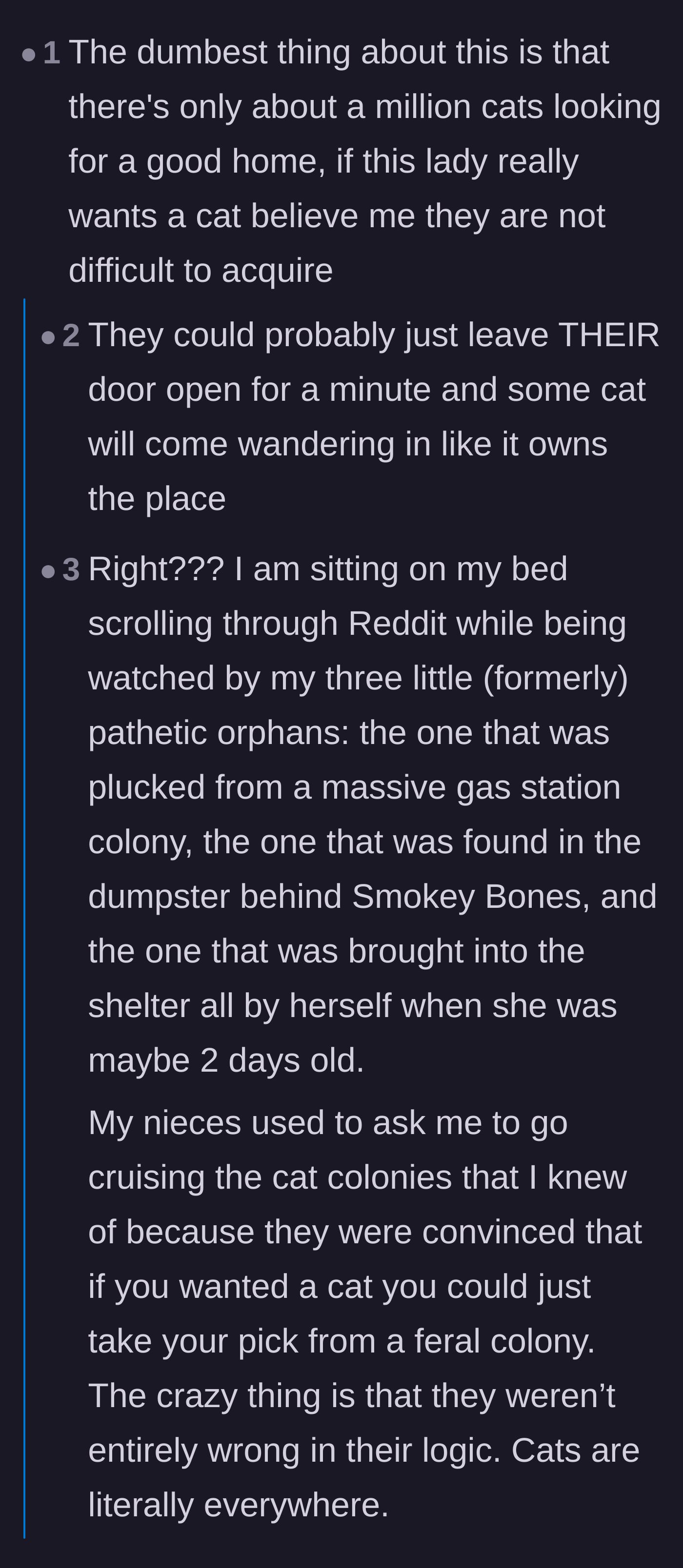 Comment thread 3 - Readers sharing stories about the universal 'Cat Distribution System' and how easy it is to legitimately adopt a stray.
