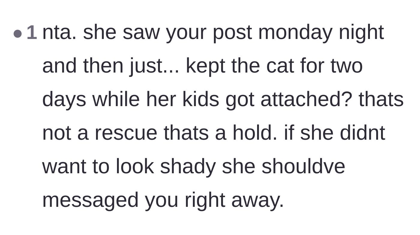 Comment thread 6 - A summary of the timeline proving the neighbor was intentionally holding the cat rather than rescuing it.