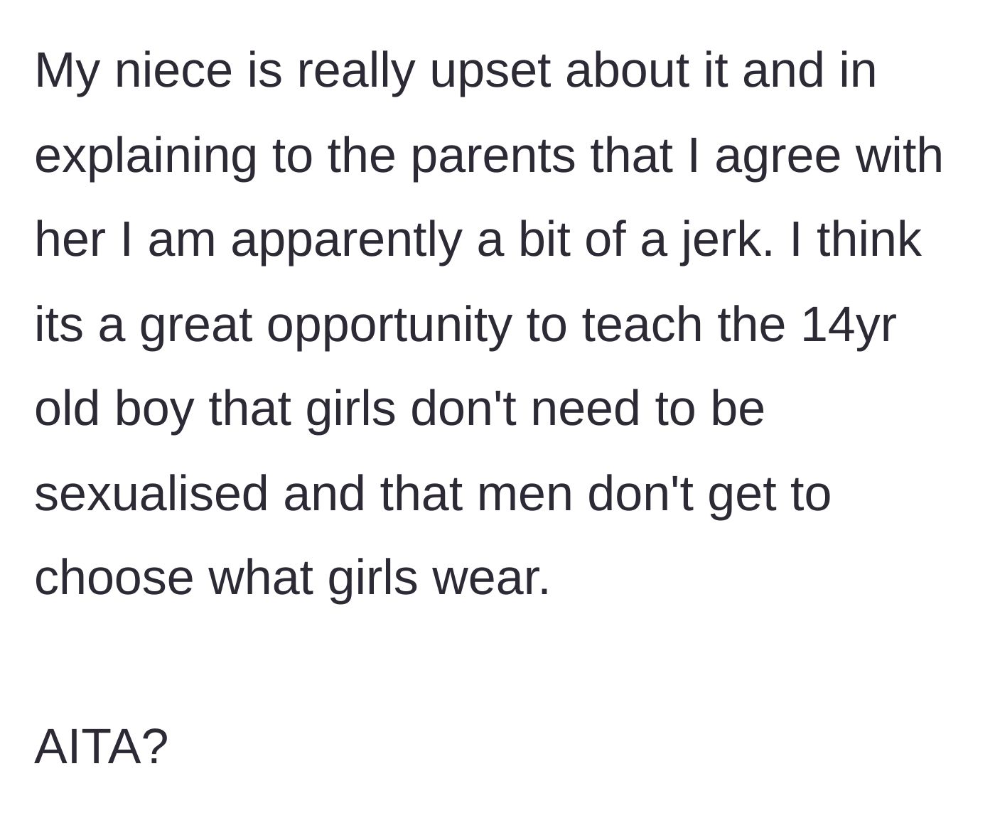 Story part 2 - The relative defends the niece and tells the parents this is a missed opportunity to teach the teenage boy about bodily autonomy, resulting in family backlash.