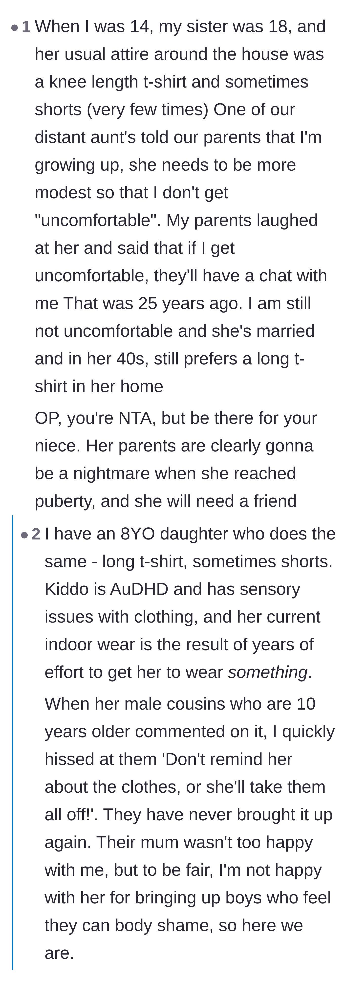 Comment thread sharing a story about parents who successfully shut down an aunt's modesty-policing 25 years ago.