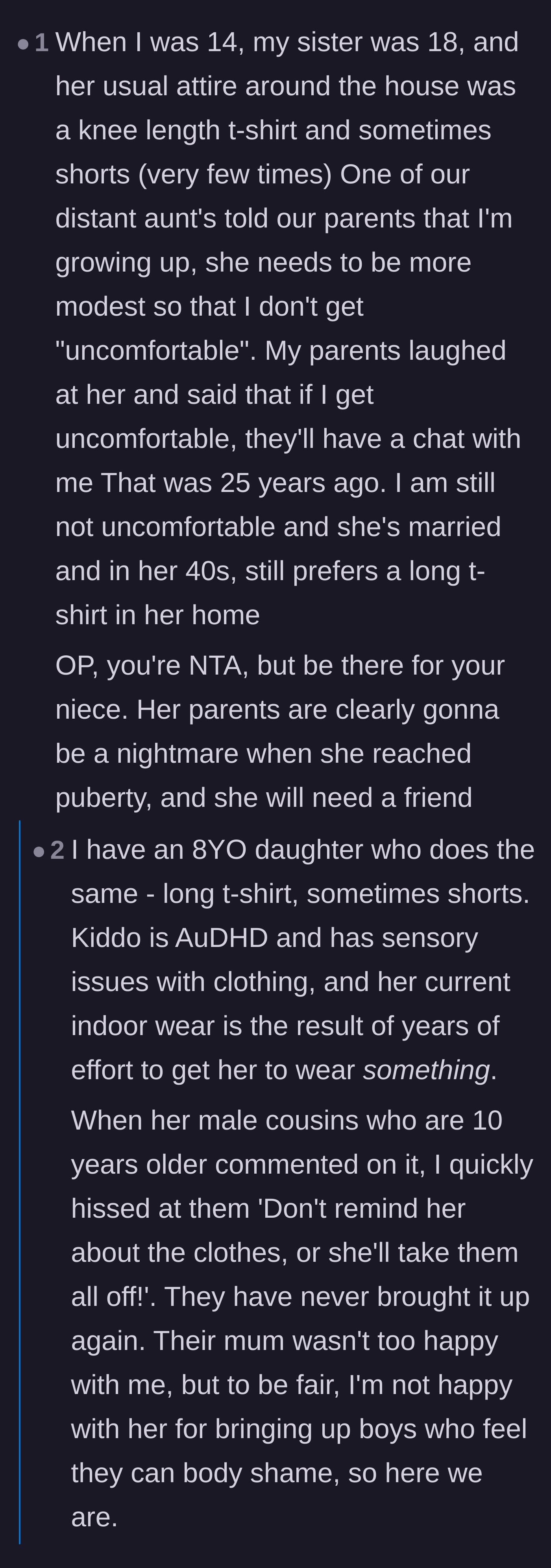 Comment thread sharing a story about parents who successfully shut down an aunt's modesty-policing 25 years ago.