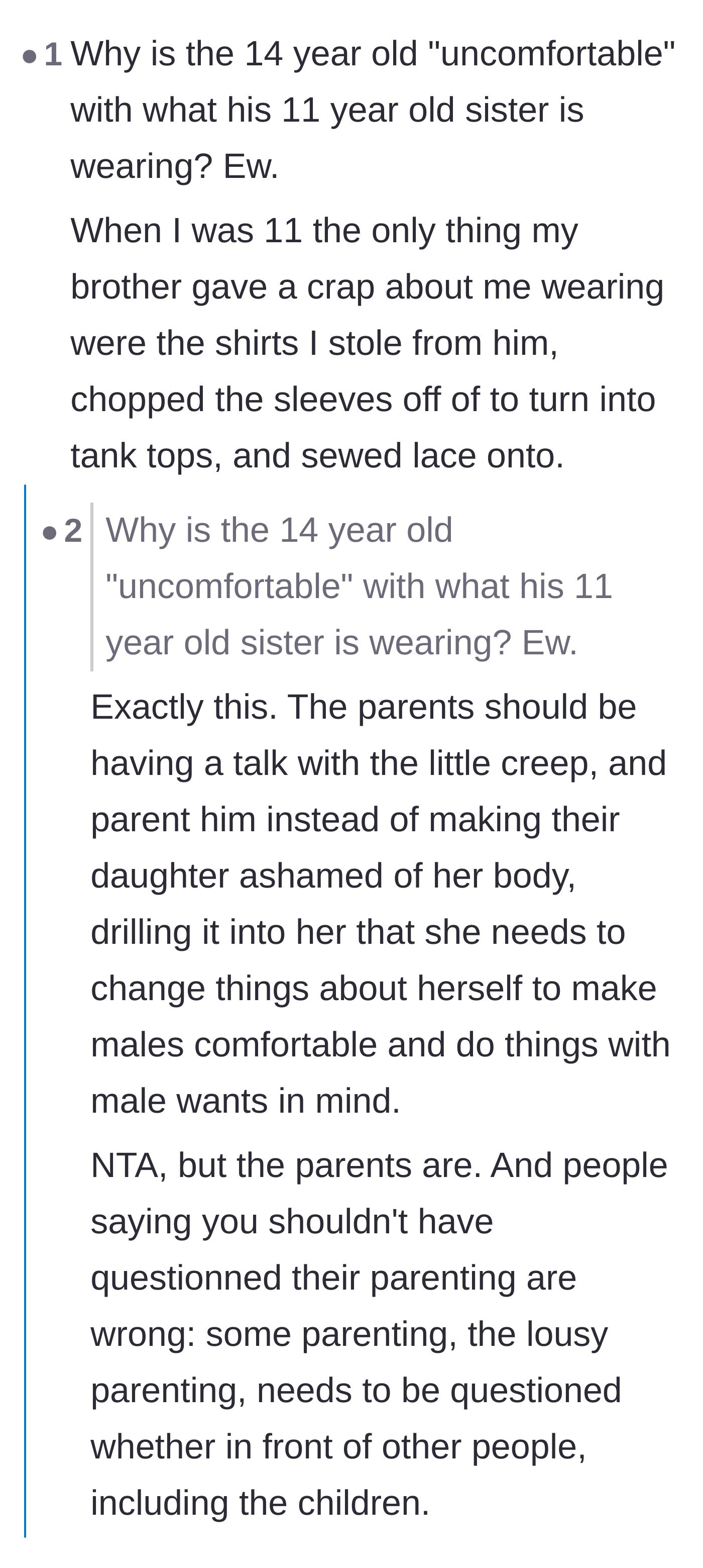 Comment thread discussing the disturbing nature of the brother's discomfort and how his gaze shouldn't be his sister's burden.