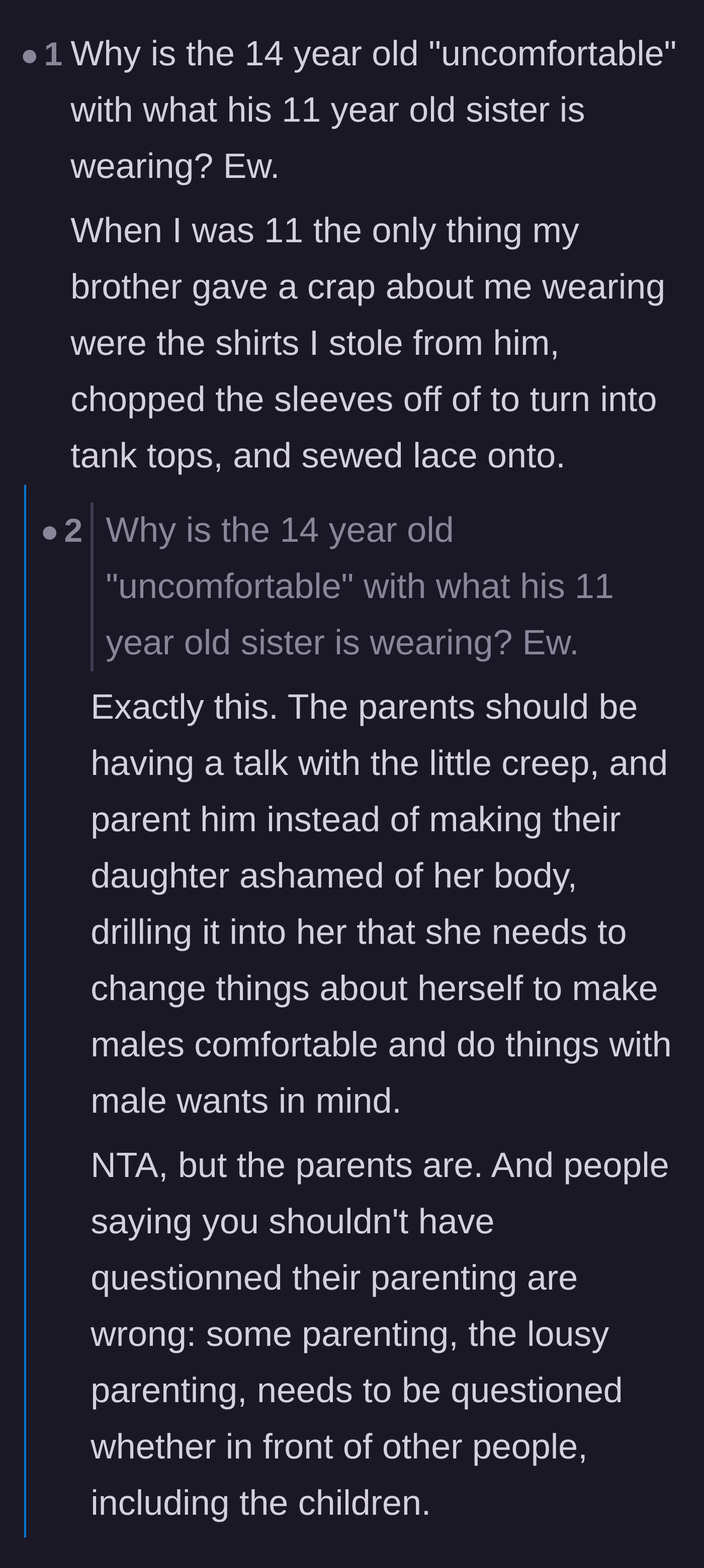 Comment thread discussing the disturbing nature of the brother's discomfort and how his gaze shouldn't be his sister's burden.