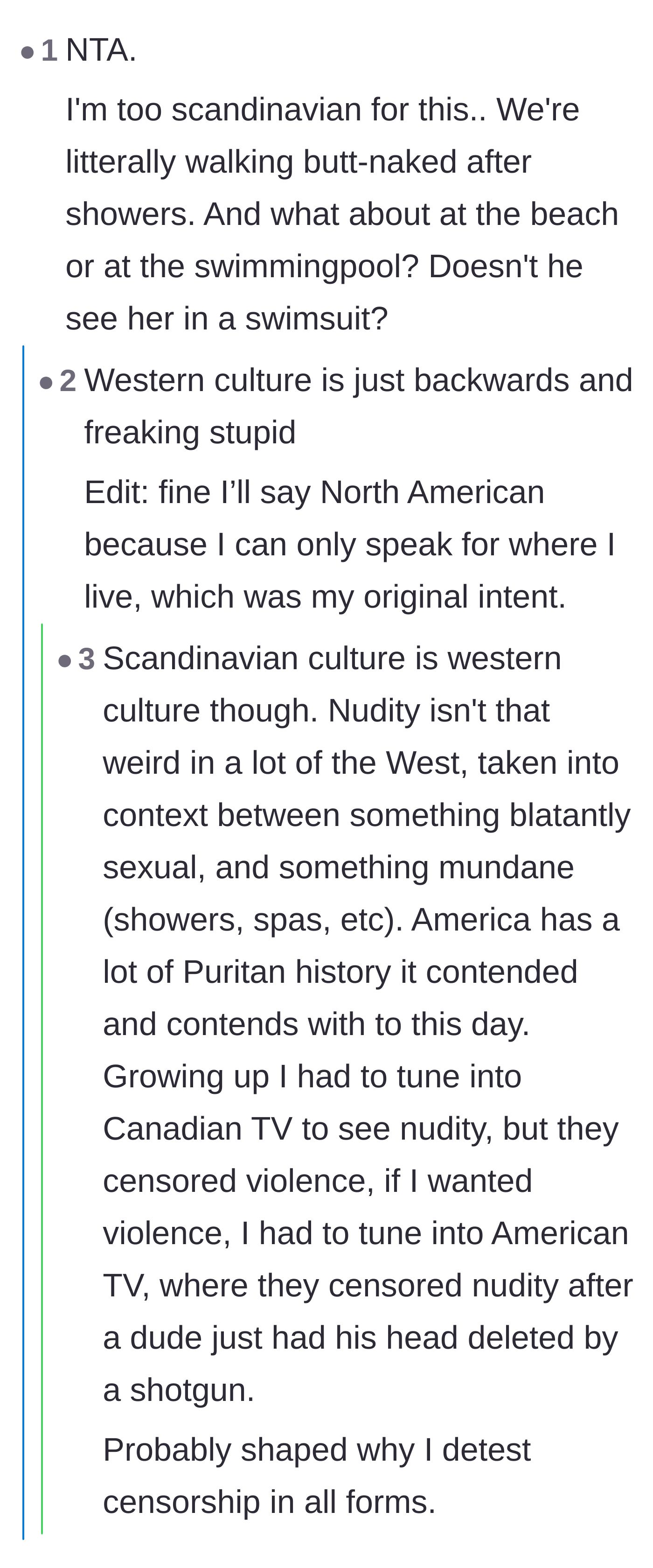Comment thread comparing American puritan culture to more relaxed Scandinavian attitudes toward bodies and nudity.