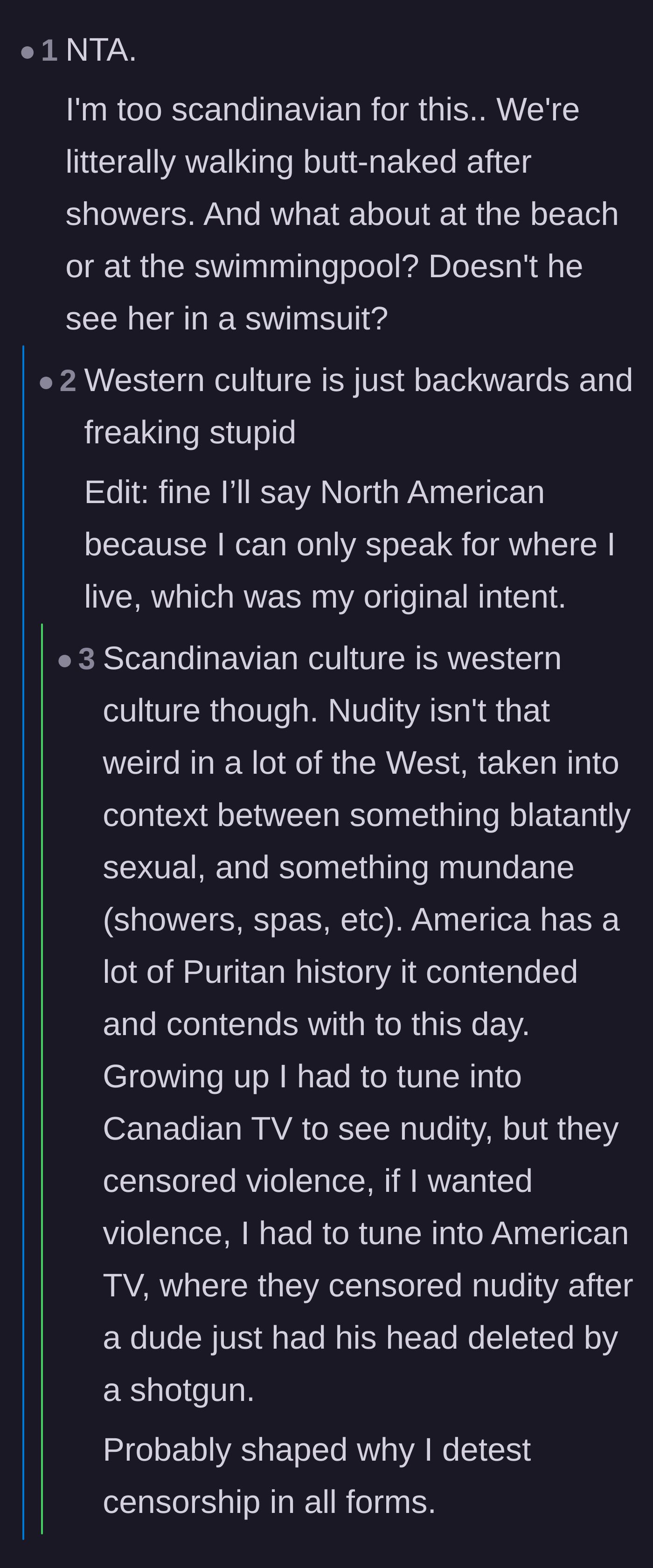 Comment thread comparing American puritan culture to more relaxed Scandinavian attitudes toward bodies and nudity.
