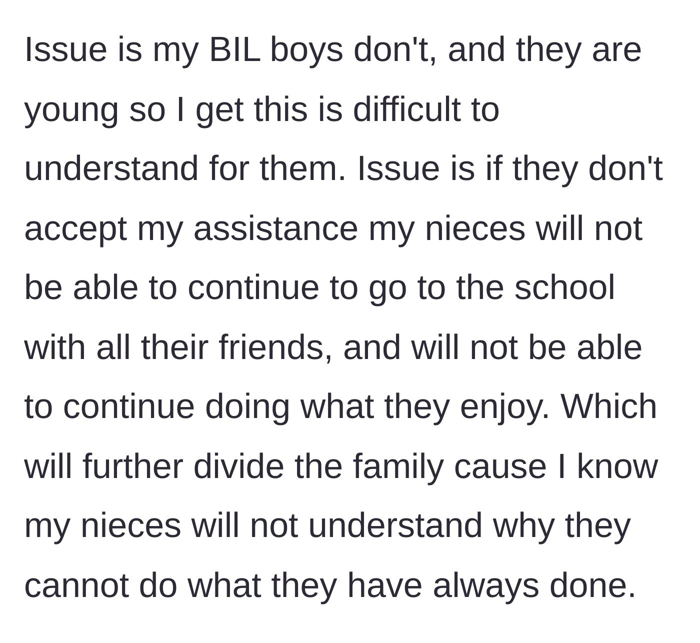 Story part 6 - Sibling worries that cutting off support will punish the nieces and breed further resentment.
