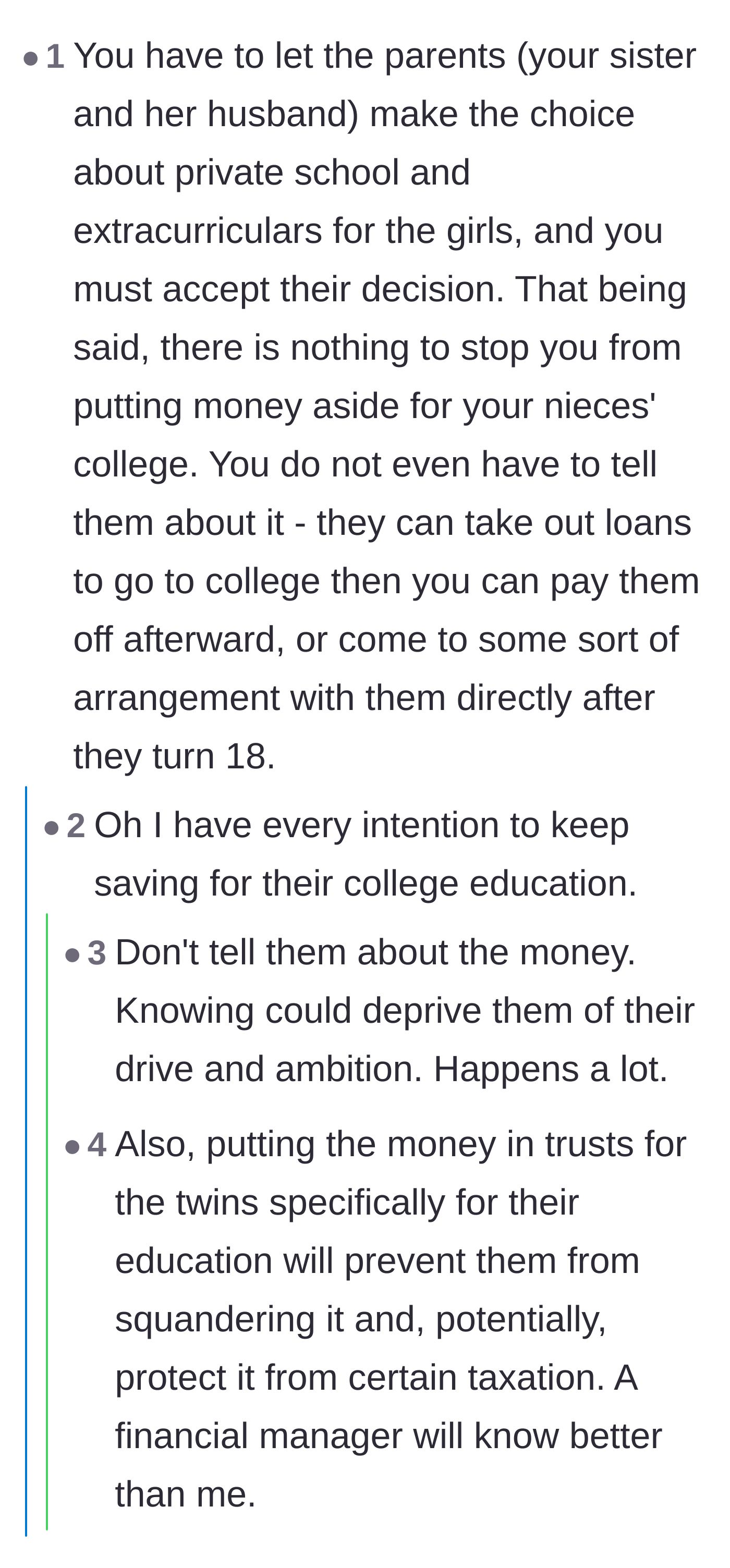 Comment thread 2 - Advice on secretly saving for the nieces' college in a trust to protect the funds from the parents.