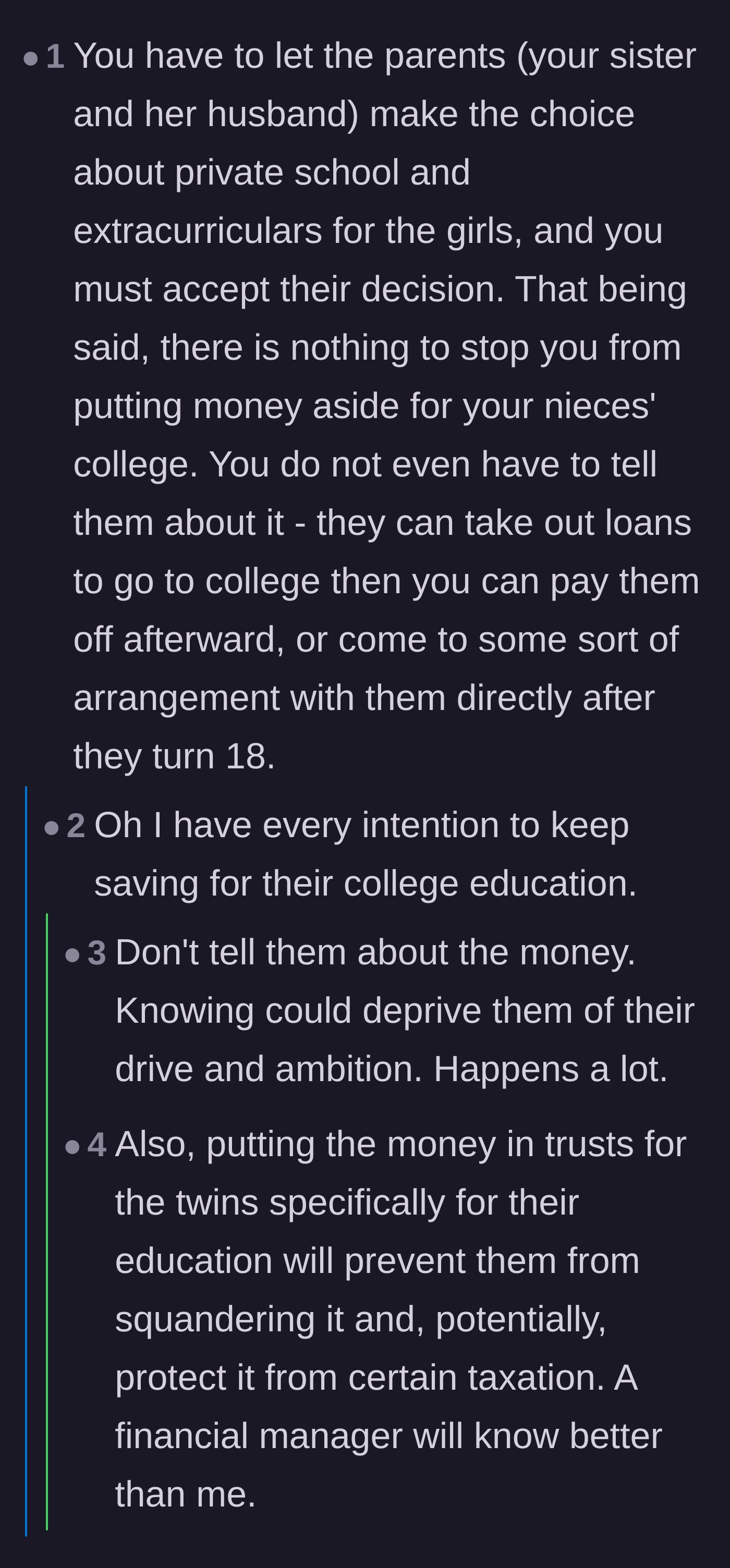 Comment thread 2 - Advice on secretly saving for the nieces' college in a trust to protect the funds from the parents.