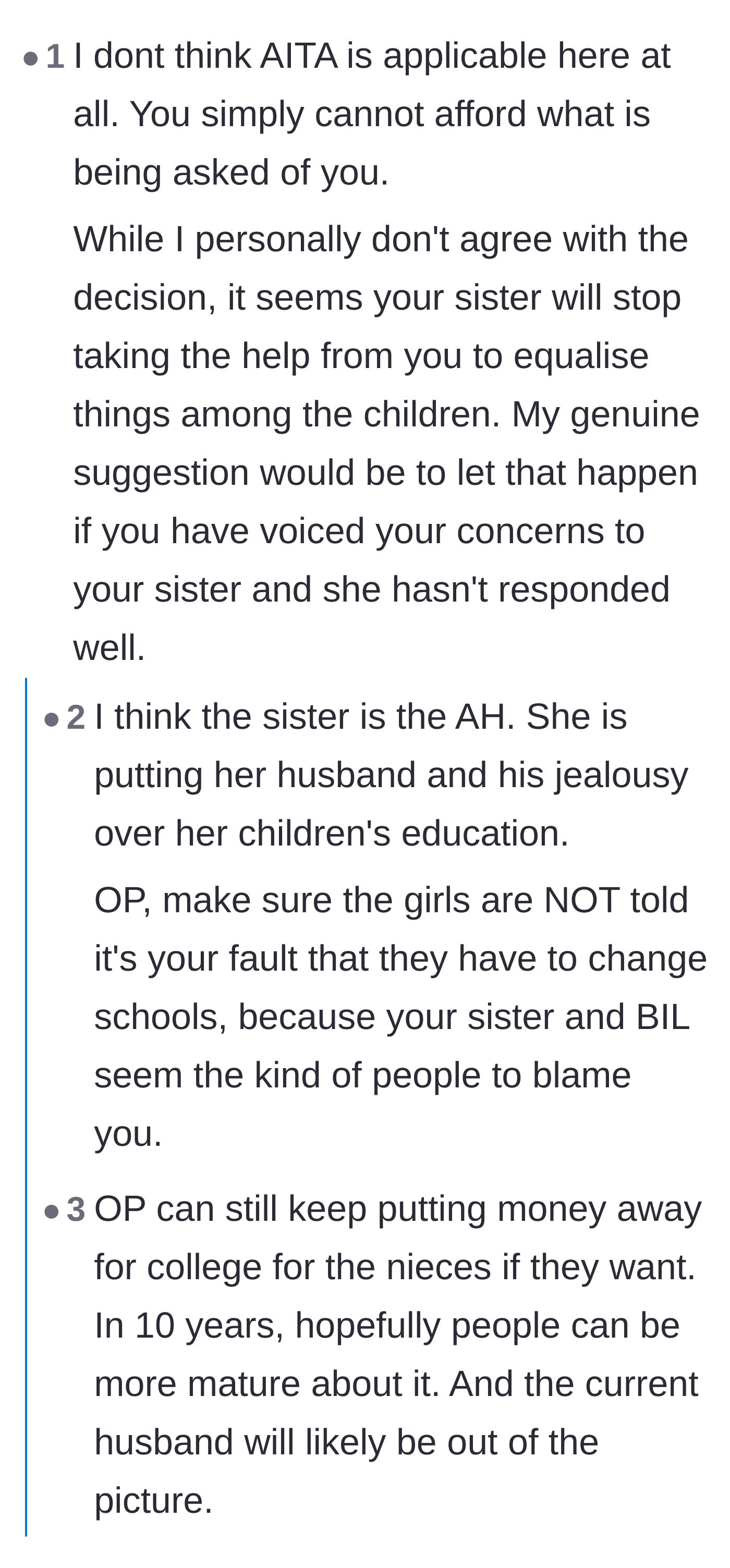 Comment thread 3 - Debating whether the sister is wrong for prioritizing her new husband's pride over her children's education.