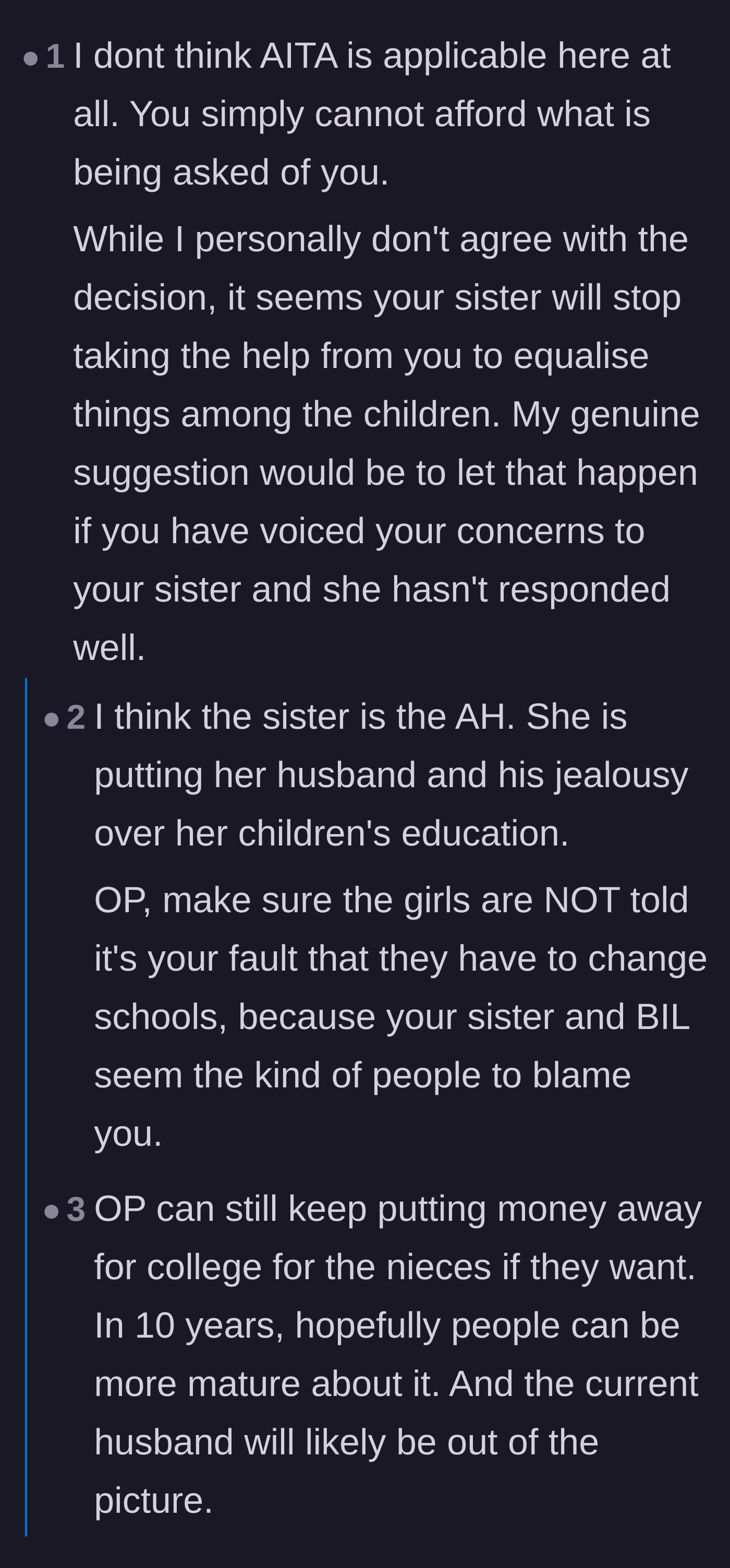 Comment thread 3 - Debating whether the sister is wrong for prioritizing her new husband's pride over her children's education.