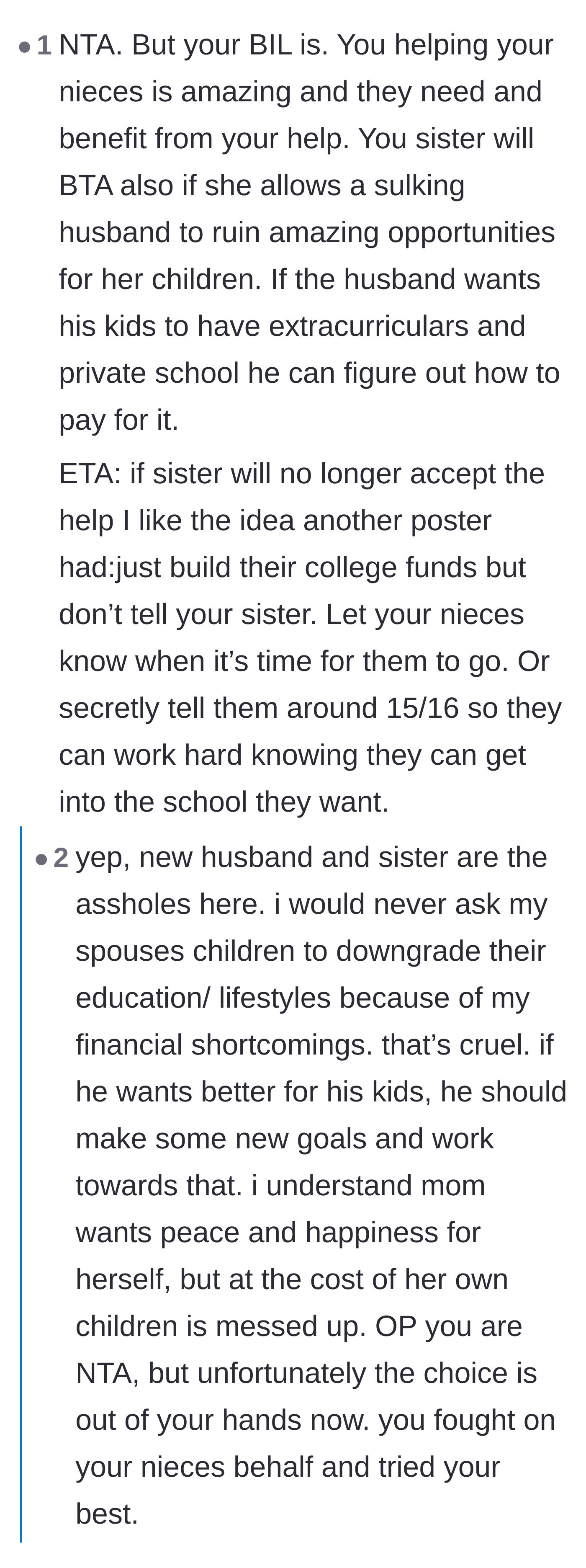Comment thread 4 - Calling out the new husband's cruelty in wanting the nieces to lose their opportunities due to his own financial shortcomings.