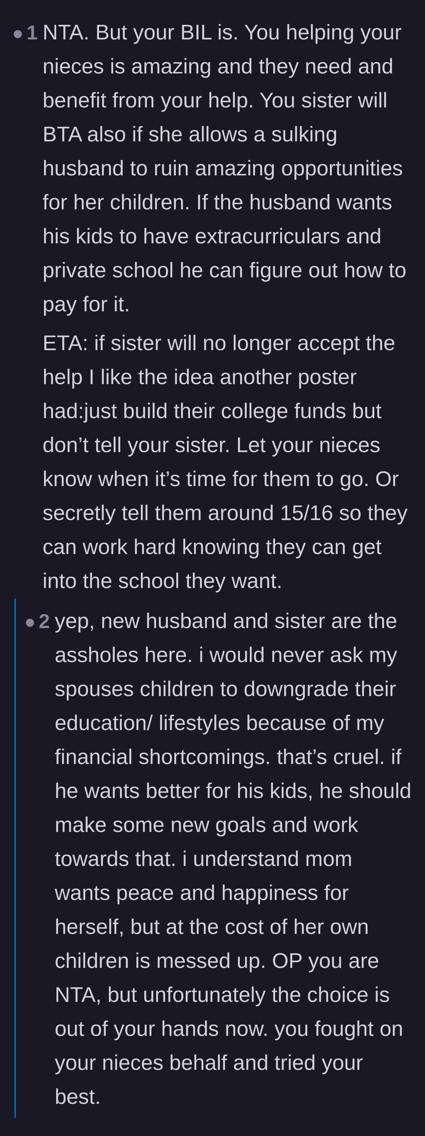 Comment thread 4 - Calling out the new husband's cruelty in wanting the nieces to lose their opportunities due to his own financial shortcomings.