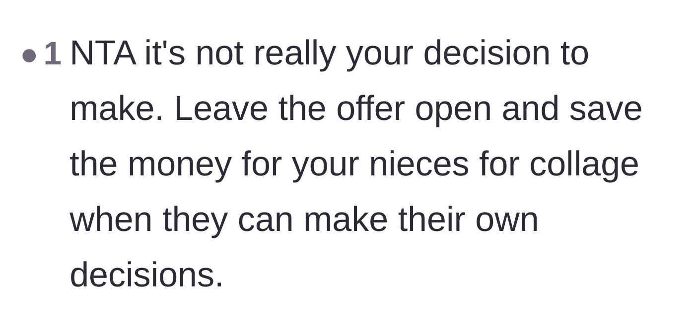 Comment thread 5 - A brief reminder that OP cannot control the parents' final decision and should just save the money for later.