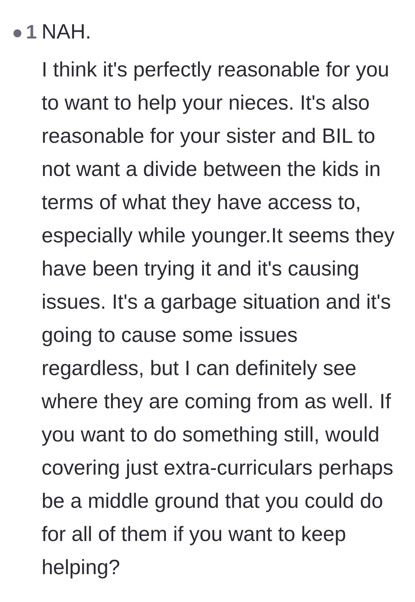 Comment thread 6 - A balanced take suggesting OP compromise by paying for extracurriculars for all four children.