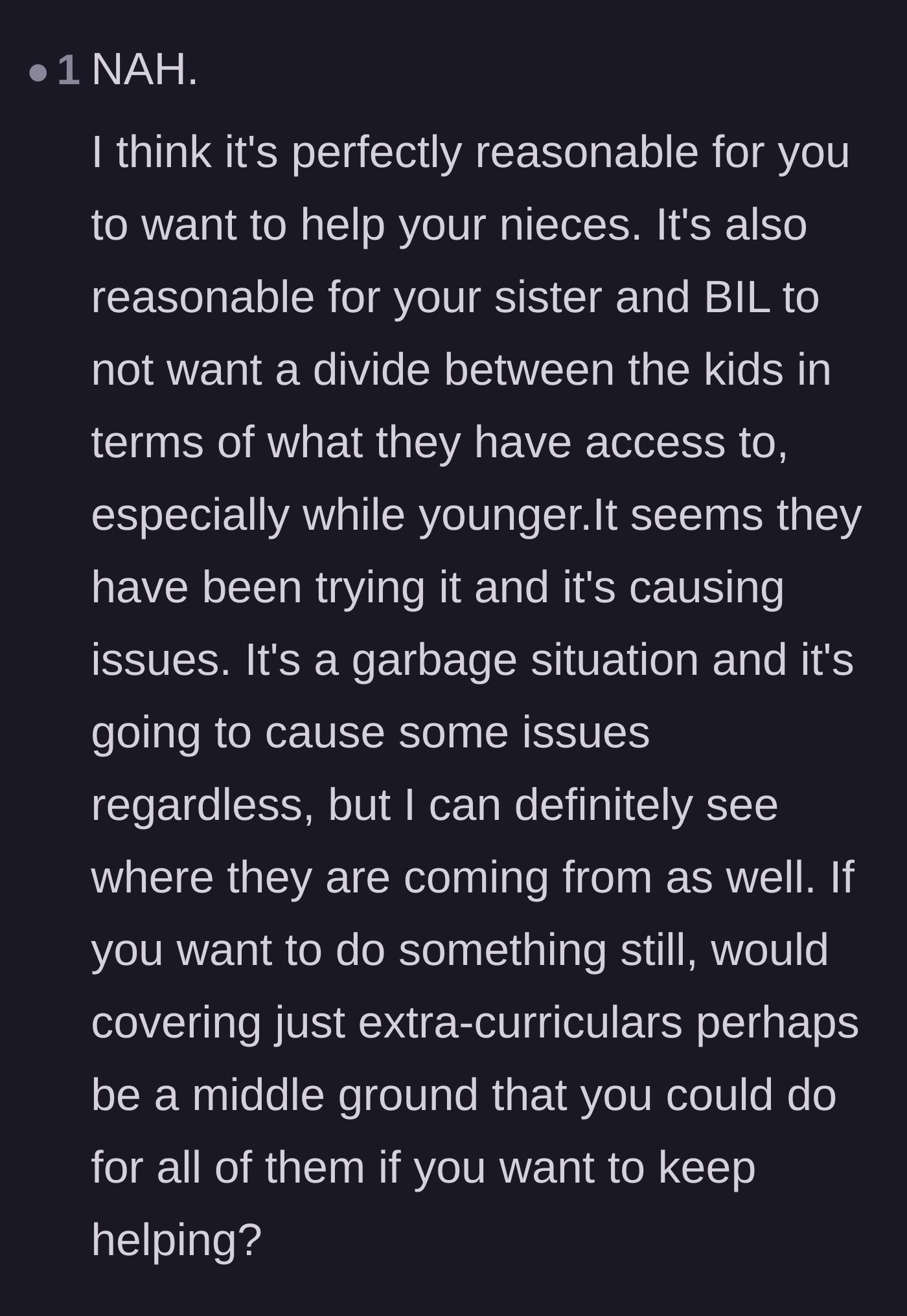 Comment thread 6 - A balanced take suggesting OP compromise by paying for extracurriculars for all four children.