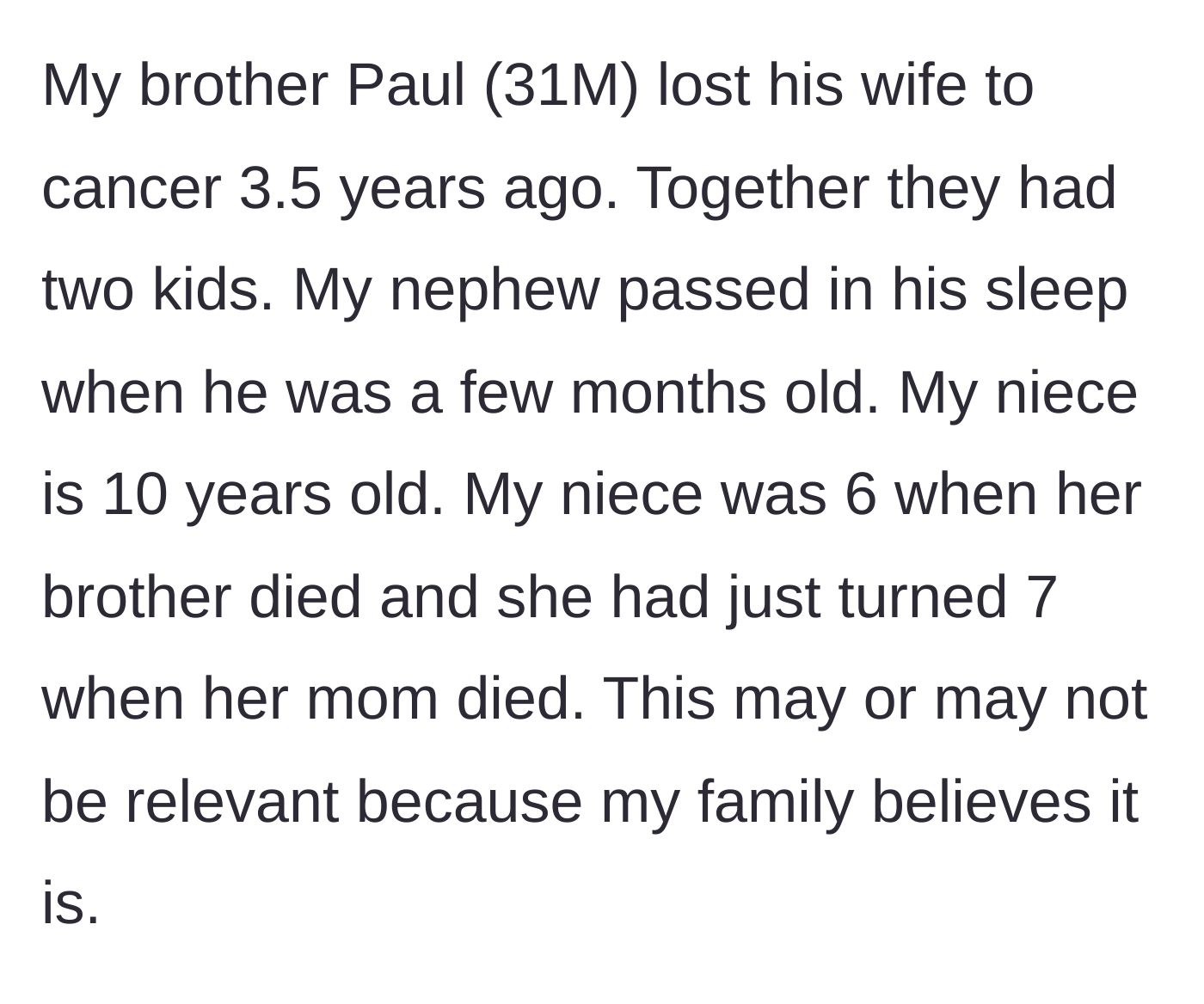 Story part 1 - A brief timeline explaining how the ten-year-old niece tragically lost both her infant brother and her mother in a short span of time.