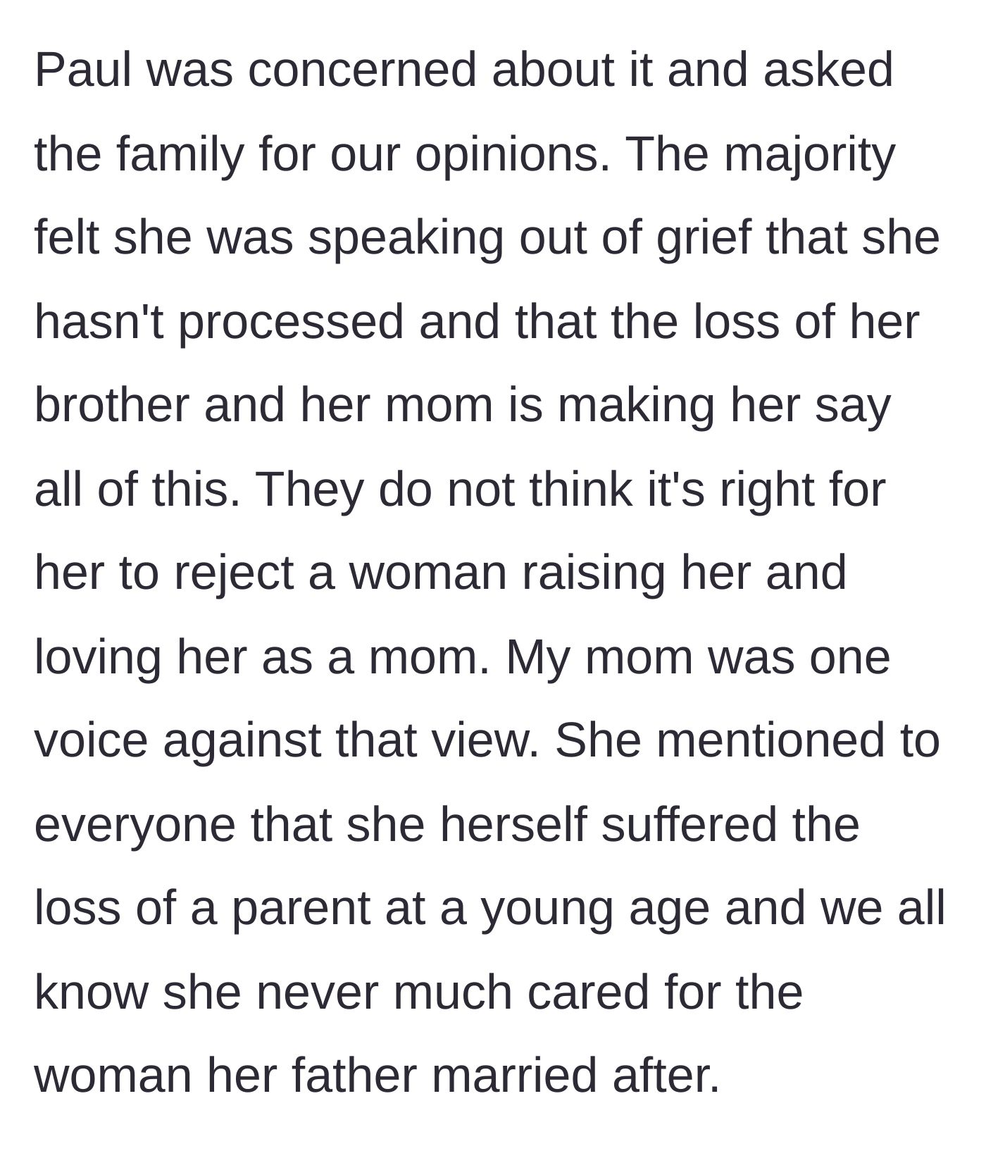 Story part 5 - The father polls the extended family, and most dismiss the niece's reaction as unprocessed grief, except for the grandmother who defends her.