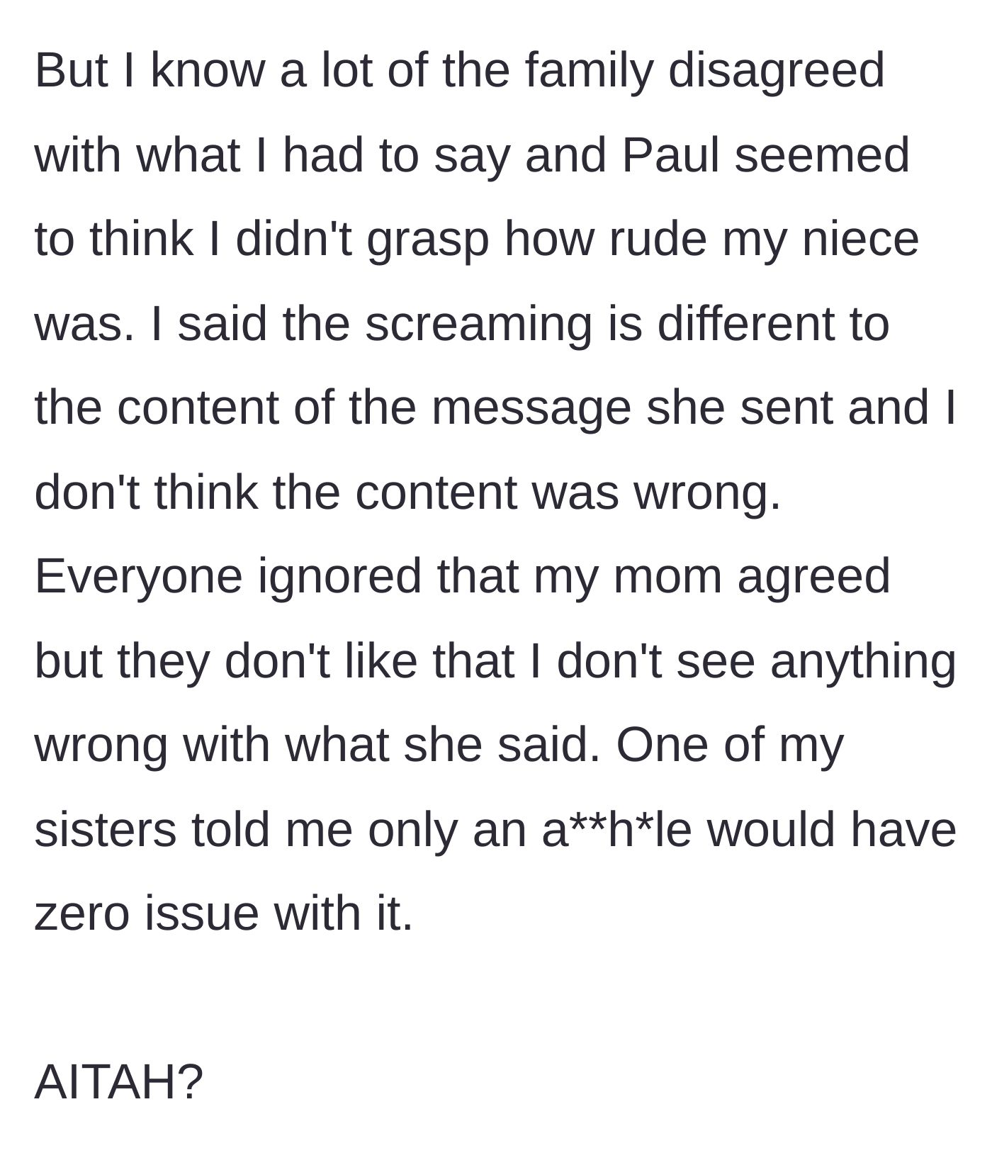 Story part 8 - The family attacks the author for ignoring the niece's rude tone, calling them out for defending the child's reaction.
