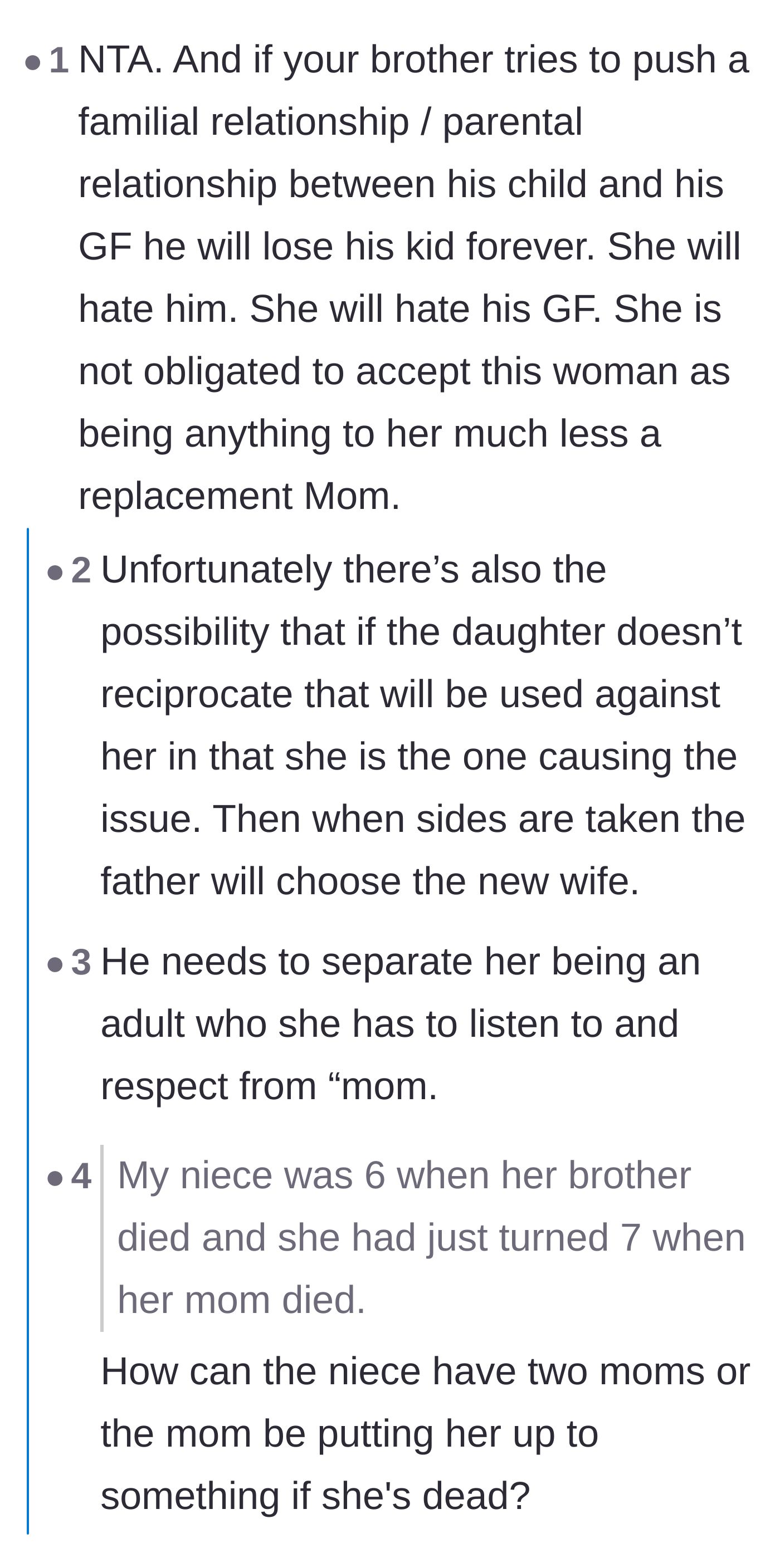 Comment thread 1 - Readers warning that forcing a maternal relationship will destroy the father's bond with his daughter forever.