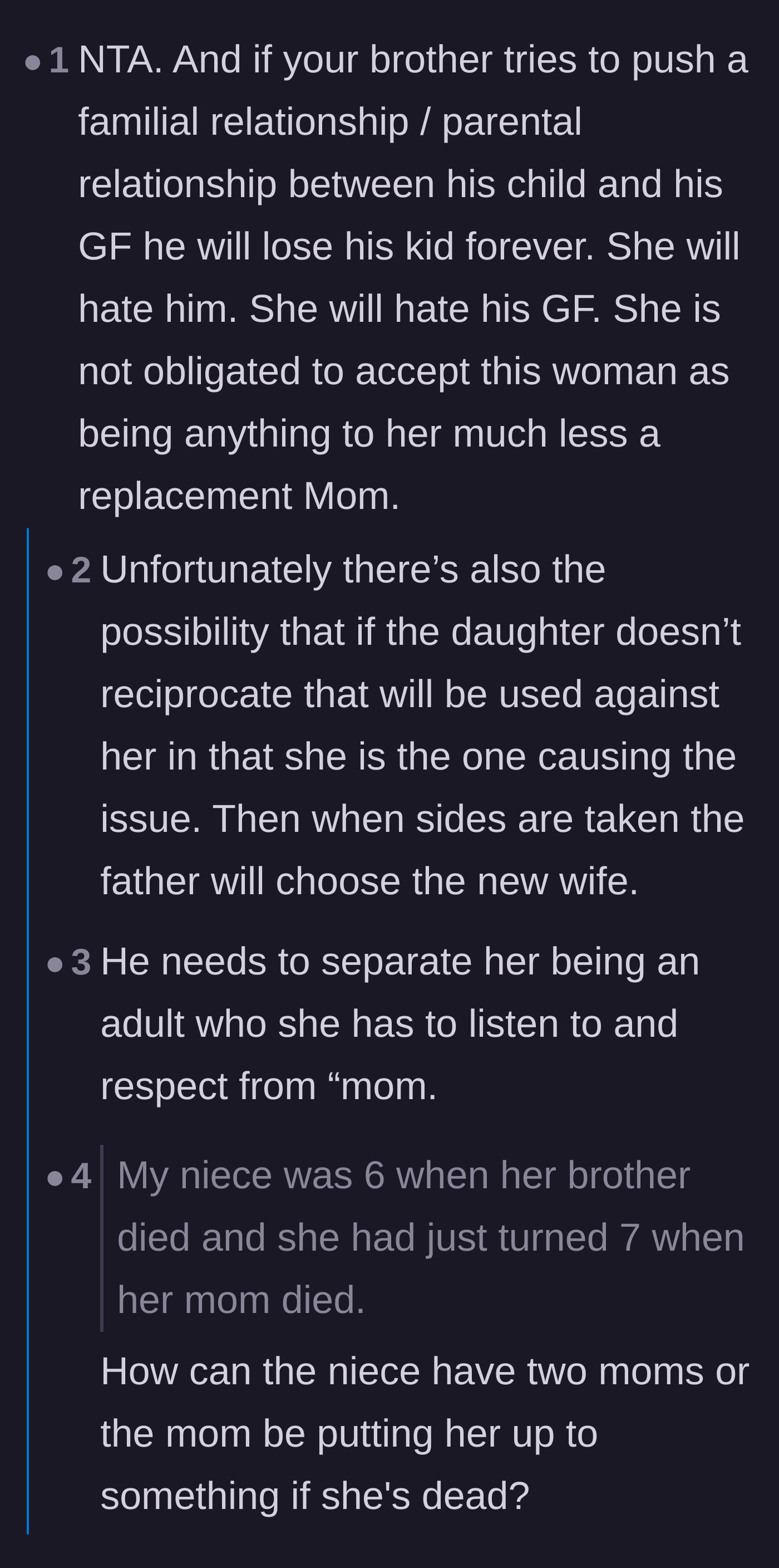 Comment thread 1 - Readers warning that forcing a maternal relationship will destroy the father's bond with his daughter forever.
