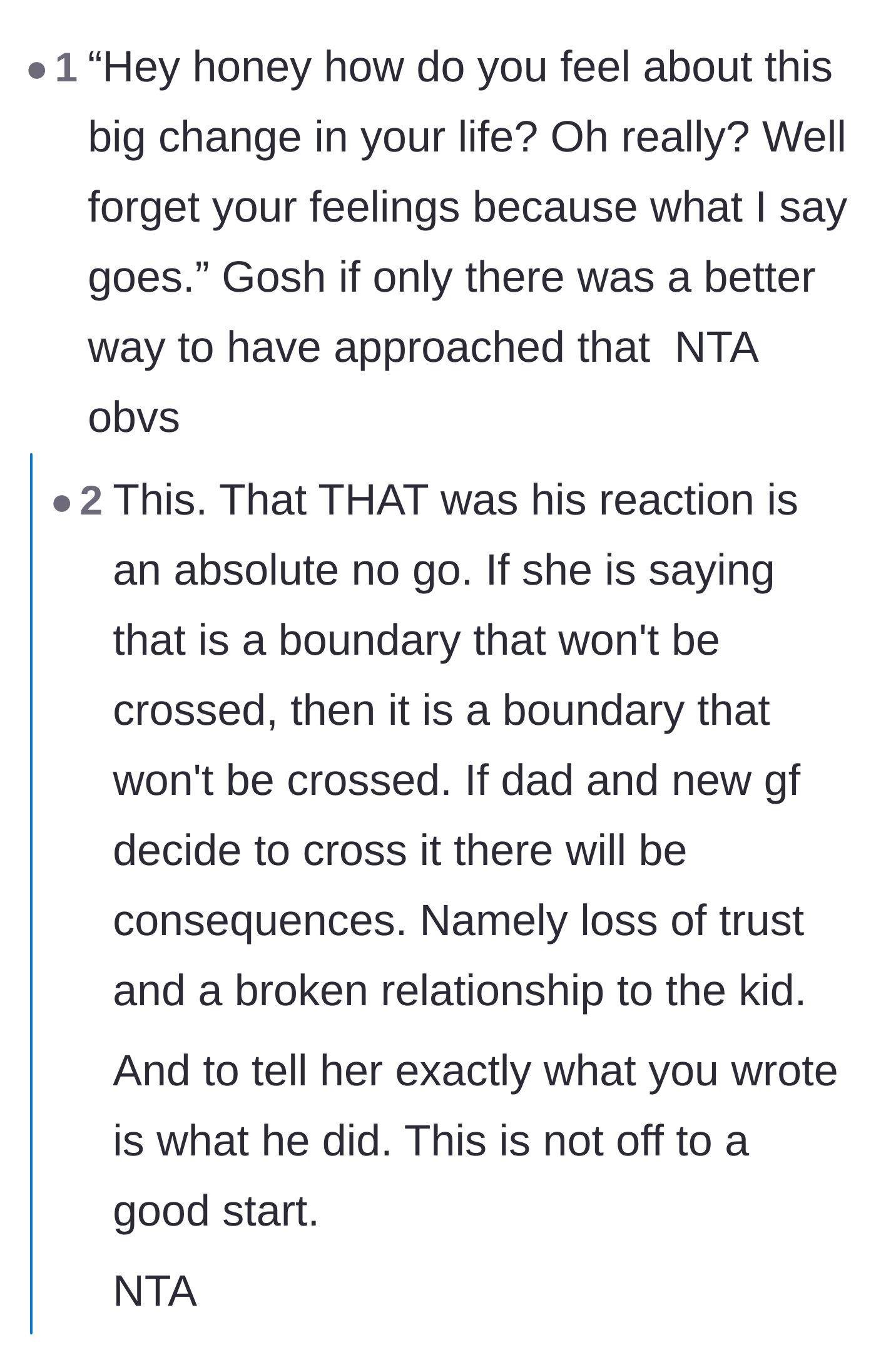 Comment thread 3 - Calling out the father for asking his daughter's opinion only to completely dismiss her honest feelings.