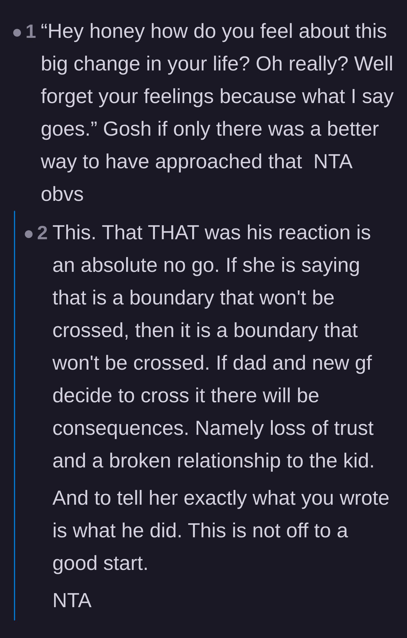 Comment thread 3 - Calling out the father for asking his daughter's opinion only to completely dismiss her honest feelings.