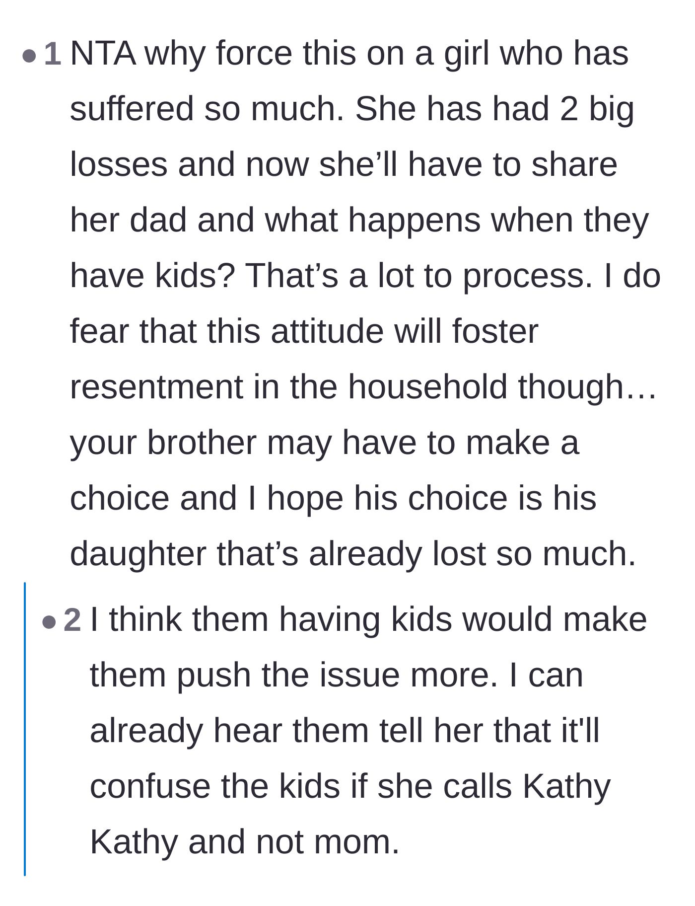 Comment thread 4 - Concerns about the stepmother having her own biological children and pushing the niece out of the family dynamic.