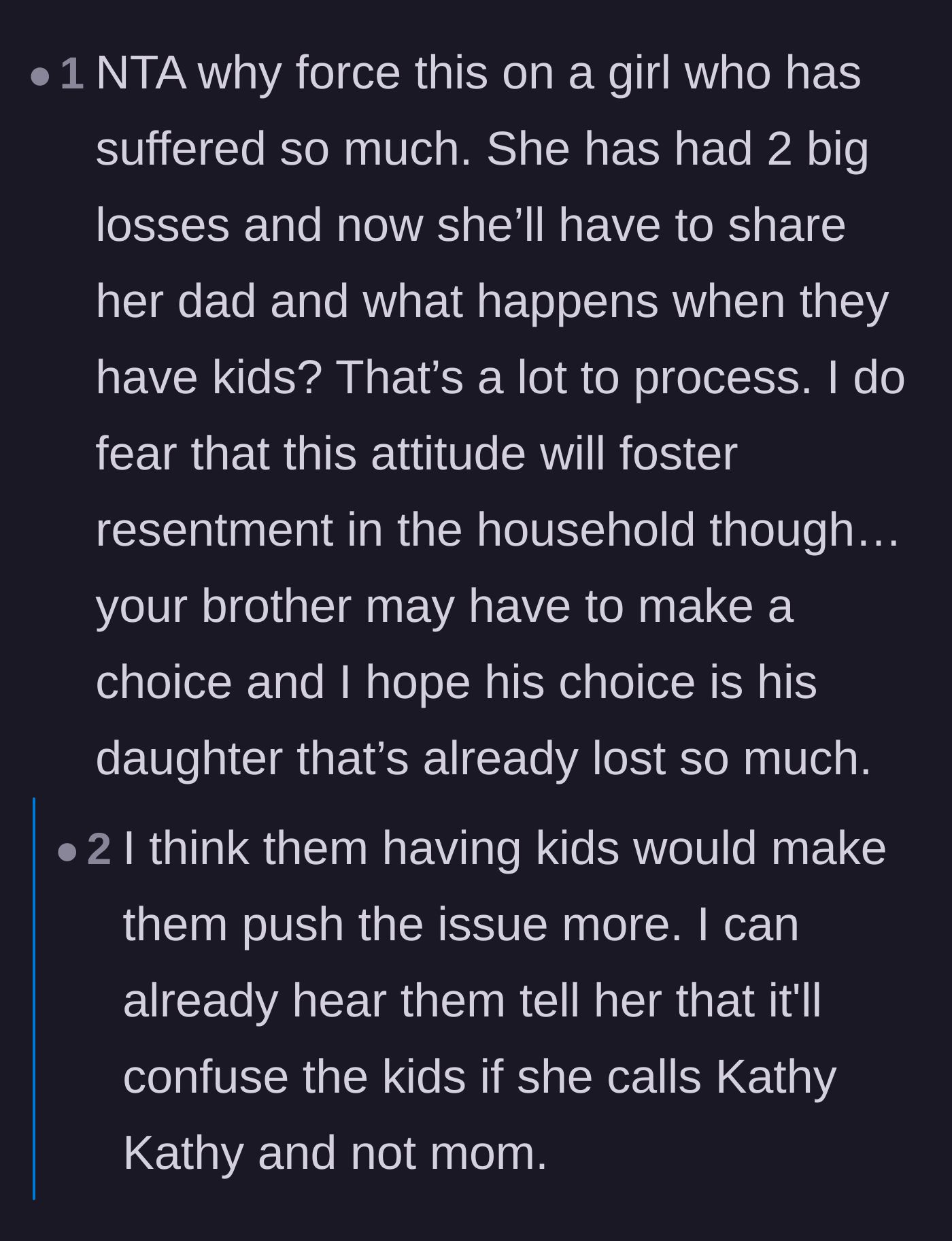 Comment thread 4 - Concerns about the stepmother having her own biological children and pushing the niece out of the family dynamic.
